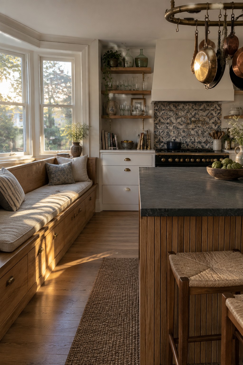 A kitchen interior showing white cabinets, open wooden shelves, a dark stone island, wooden bar stools, and a built-in wooden window bench with storage drawers and cushions.