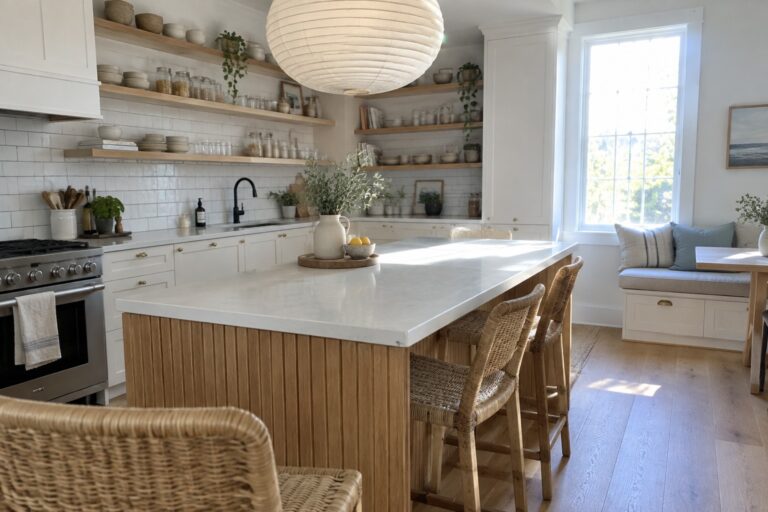 24 Beautiful White and Wood Kitchen Ideas With Layered Textures A bright kitchen featuring white cabinets, open wood shelves, a large island with a white countertop and vertically fluted wood base, and several woven rattan bar stools.