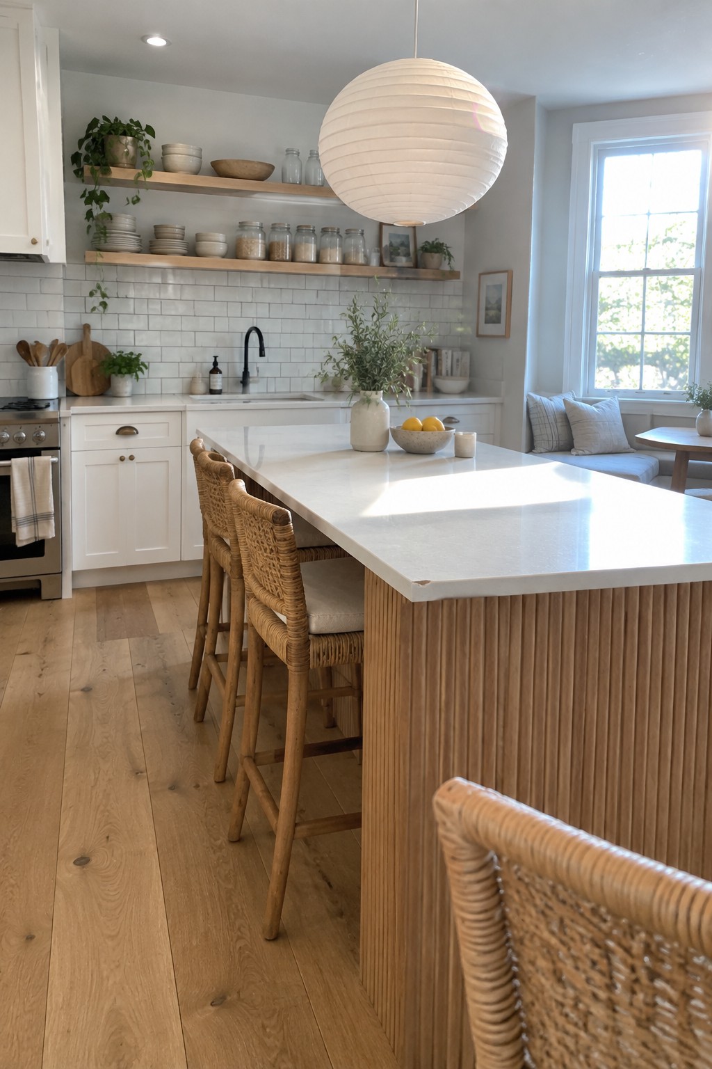A bright kitchen featuring white cabinets, open wood shelves, a large island with a white countertop and vertically fluted wood base, and several woven rattan bar stools.
