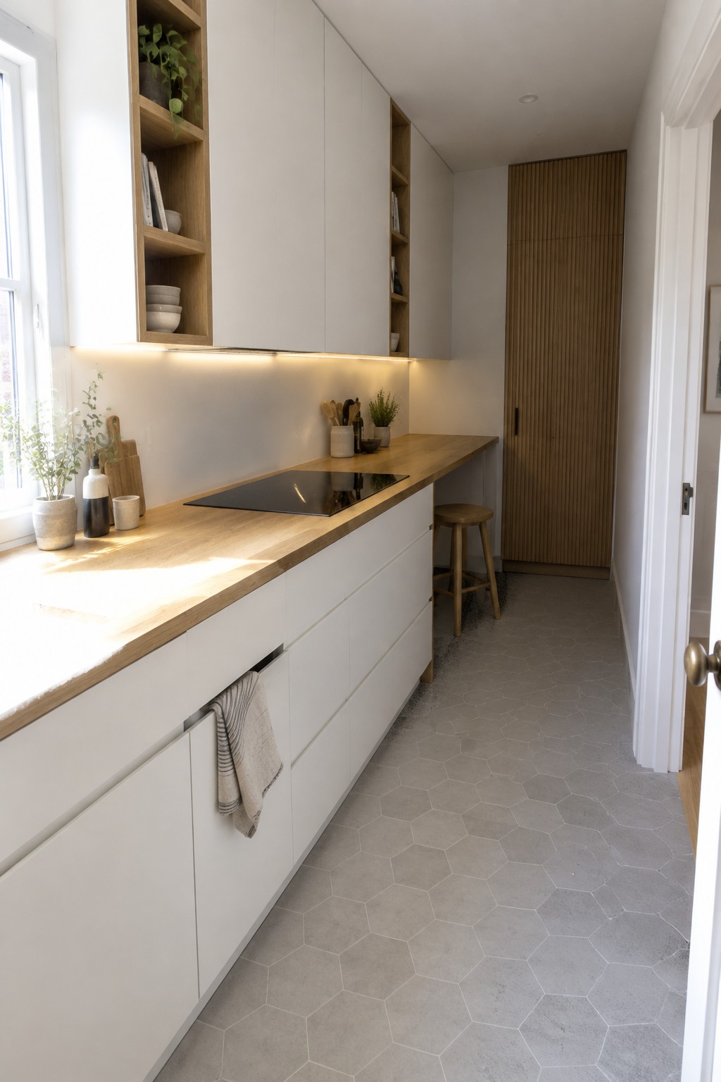 Modern galley kitchen with white cabinets, wooden counters, black cooktop, and gray hex tiles.