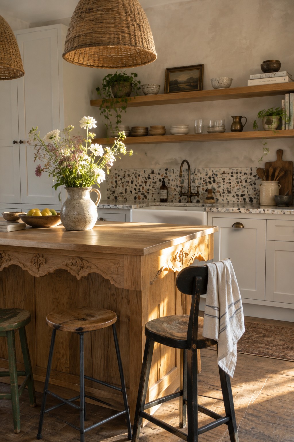 A kitchen interior showing white cabinets, a large wooden island with two stools, open wooden shelves, and a terrazzo tile backsplash behind the sink.