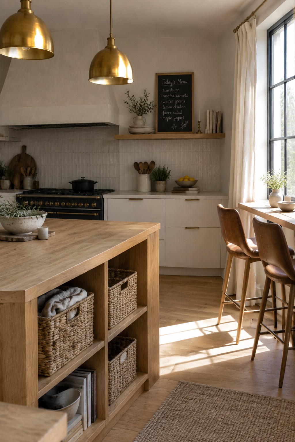 A kitchen with a wooden island featuring open shelving filled with woven baskets, white cabinets, brass hardware, and leather bar stools.