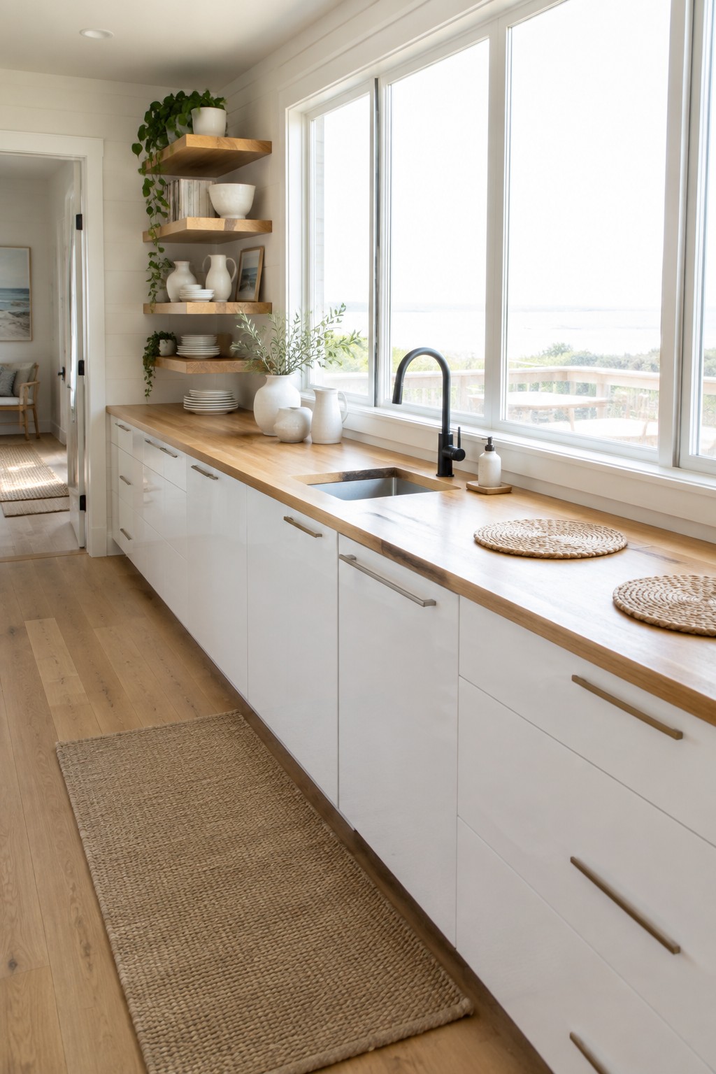 A kitchen with white cabinets, light wood countertops, a black faucet, and three floating wood shelves holding white ceramics and plants next to large windows.