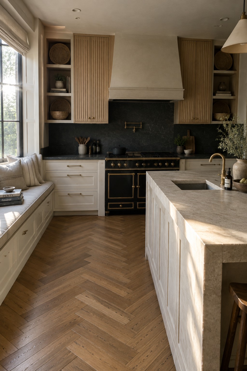 Elegant kitchen with herringbone wood floor, white cabinets, black range, and marble island.