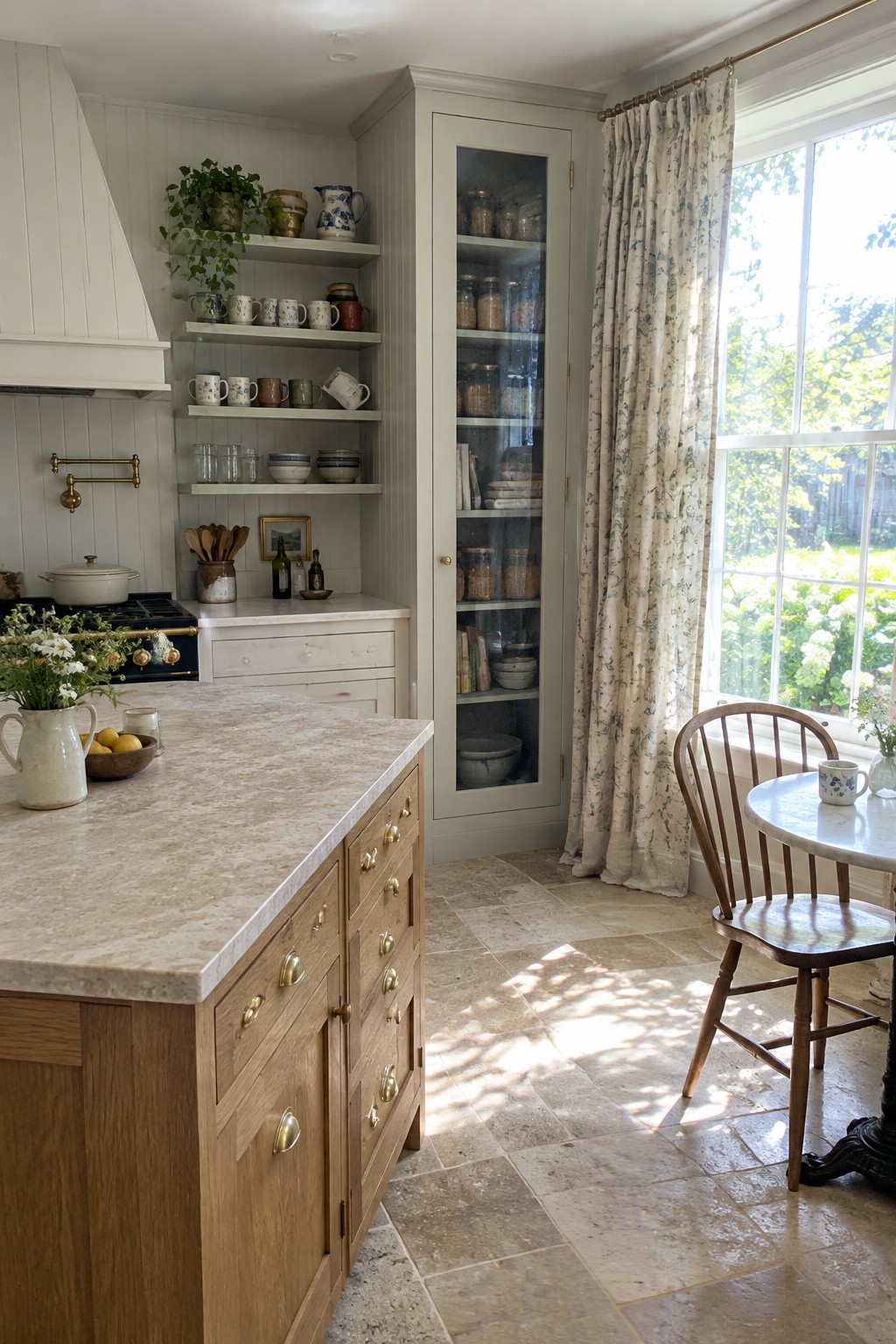 Light-filled kitchen with marble-topped oak island, glass cabinet, and floral curtains.