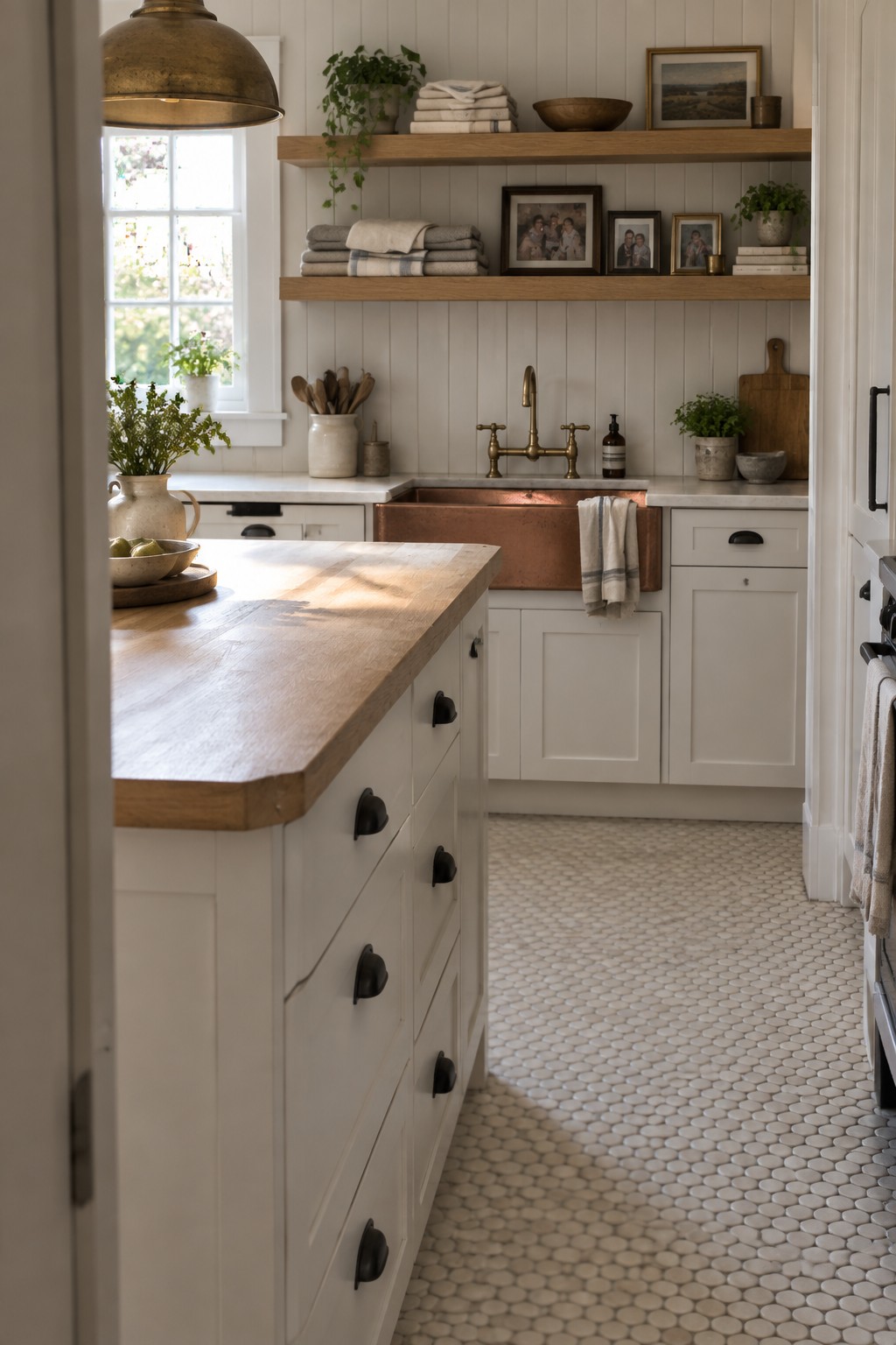 A bright kitchen with white shaker cabinets, a thick wood countertop on the island, open wood shelves above the sink, and a copper farmhouse sink.