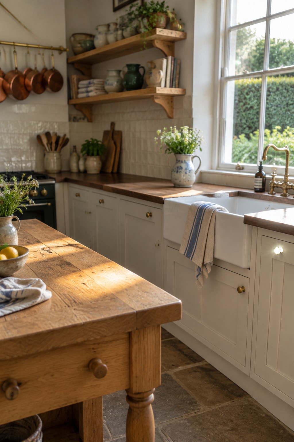 Rustic kitchen with white cabinets, wooden table, farmhouse sink, and copper pots