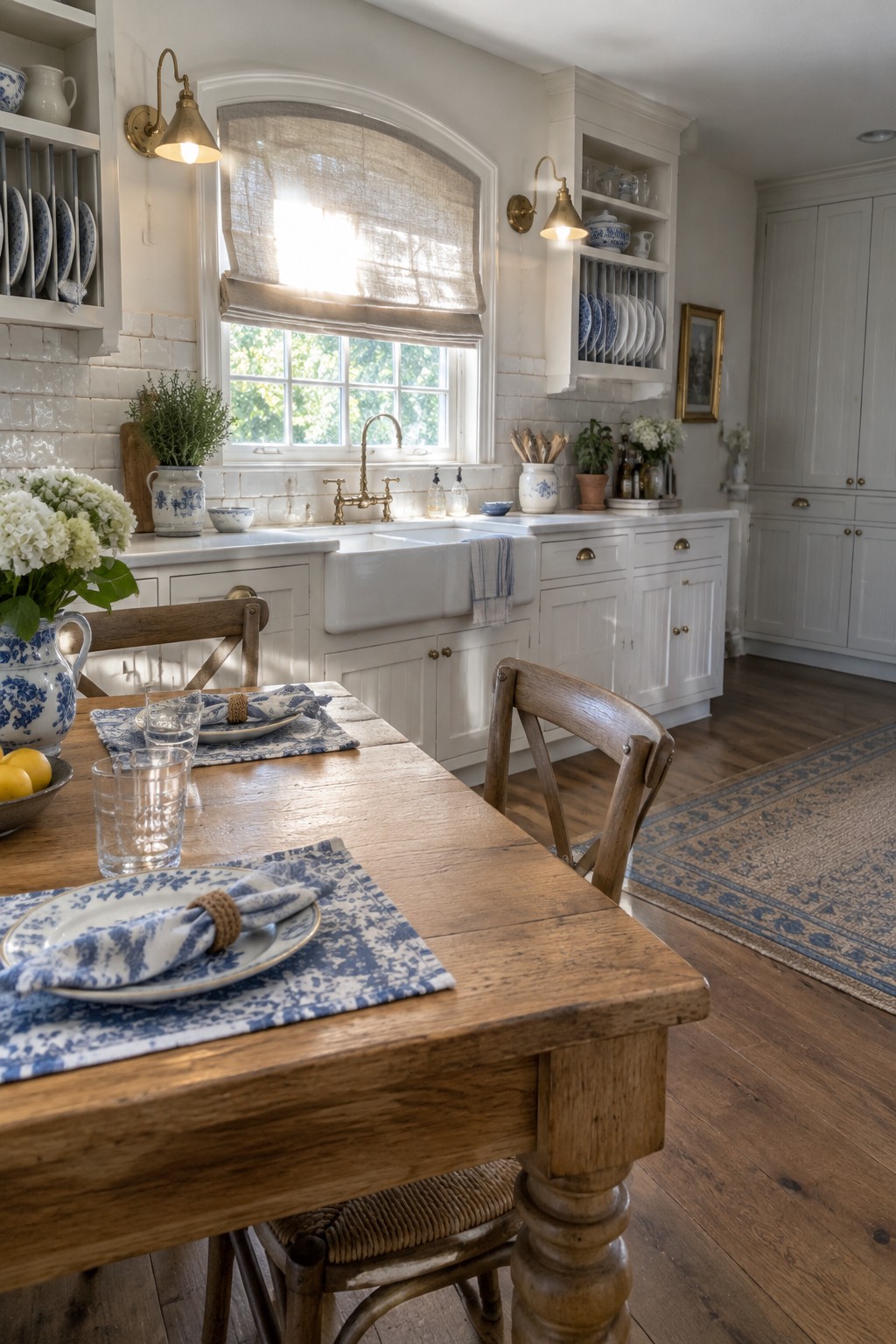 A kitchen with white cabinets, a white farmhouse sink under an arched window, and a wooden dining table set with blue patterned linens in the foreground.