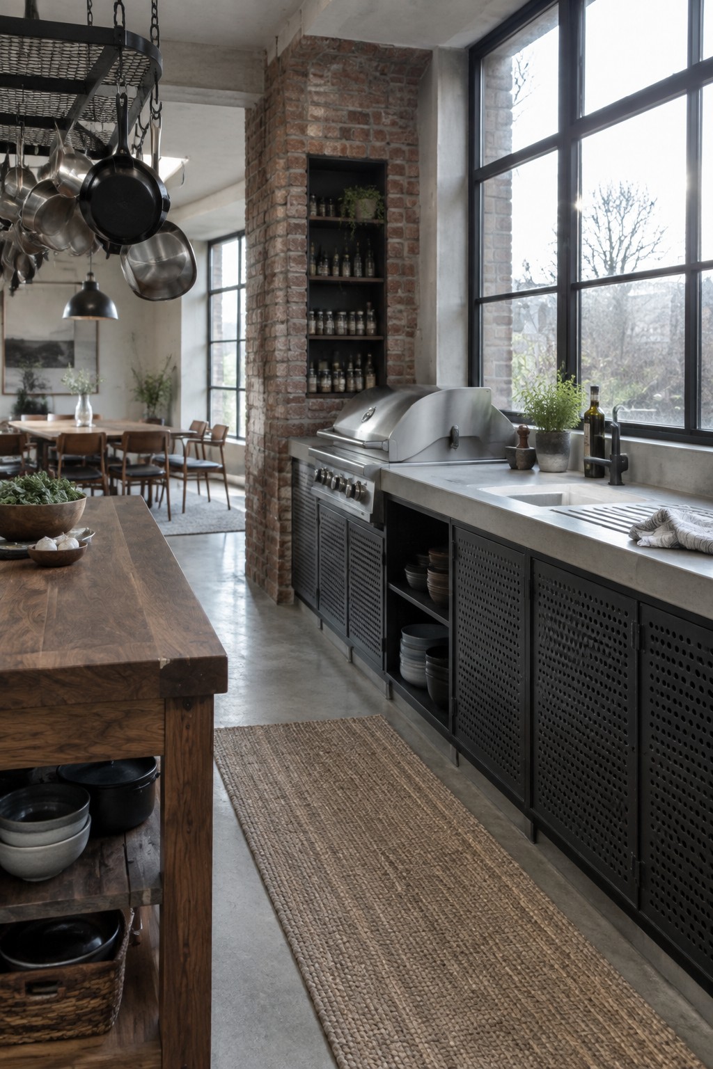 An industrial kitchen featuring black metal cabinets with perforated doors, concrete countertops, a large wooden island, and an exposed brick wall with open niches.