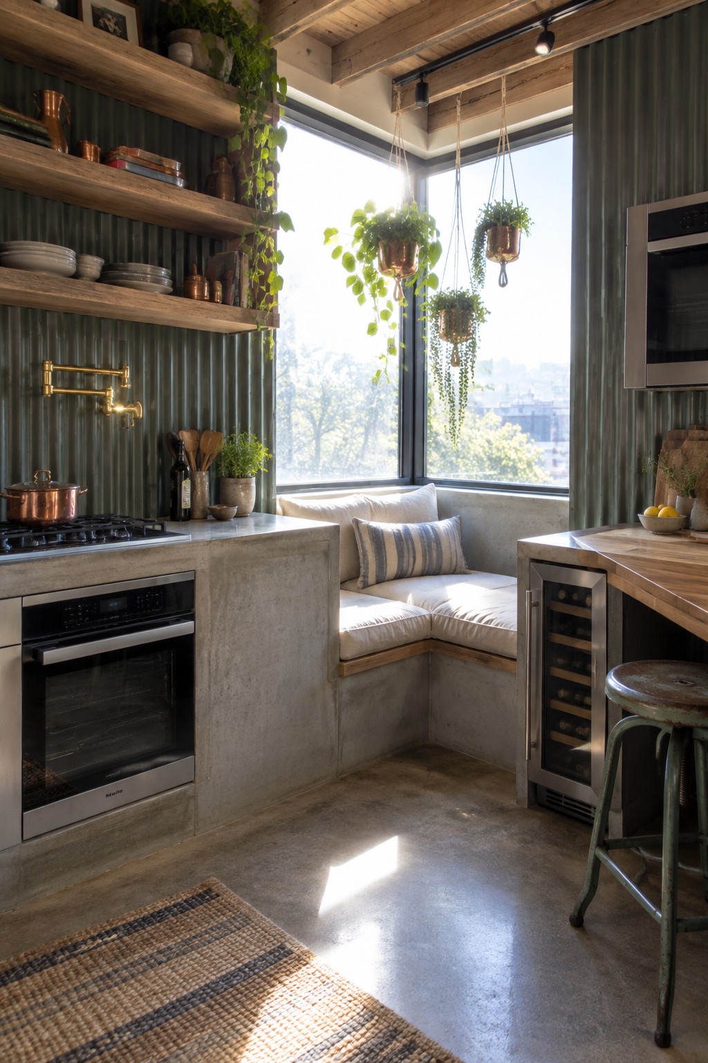 An industrial kitchen with green corrugated metal walls, wooden shelves, a concrete counter and built-in bench with cushions, stainless steel appliances, and hanging plants by a large window.
