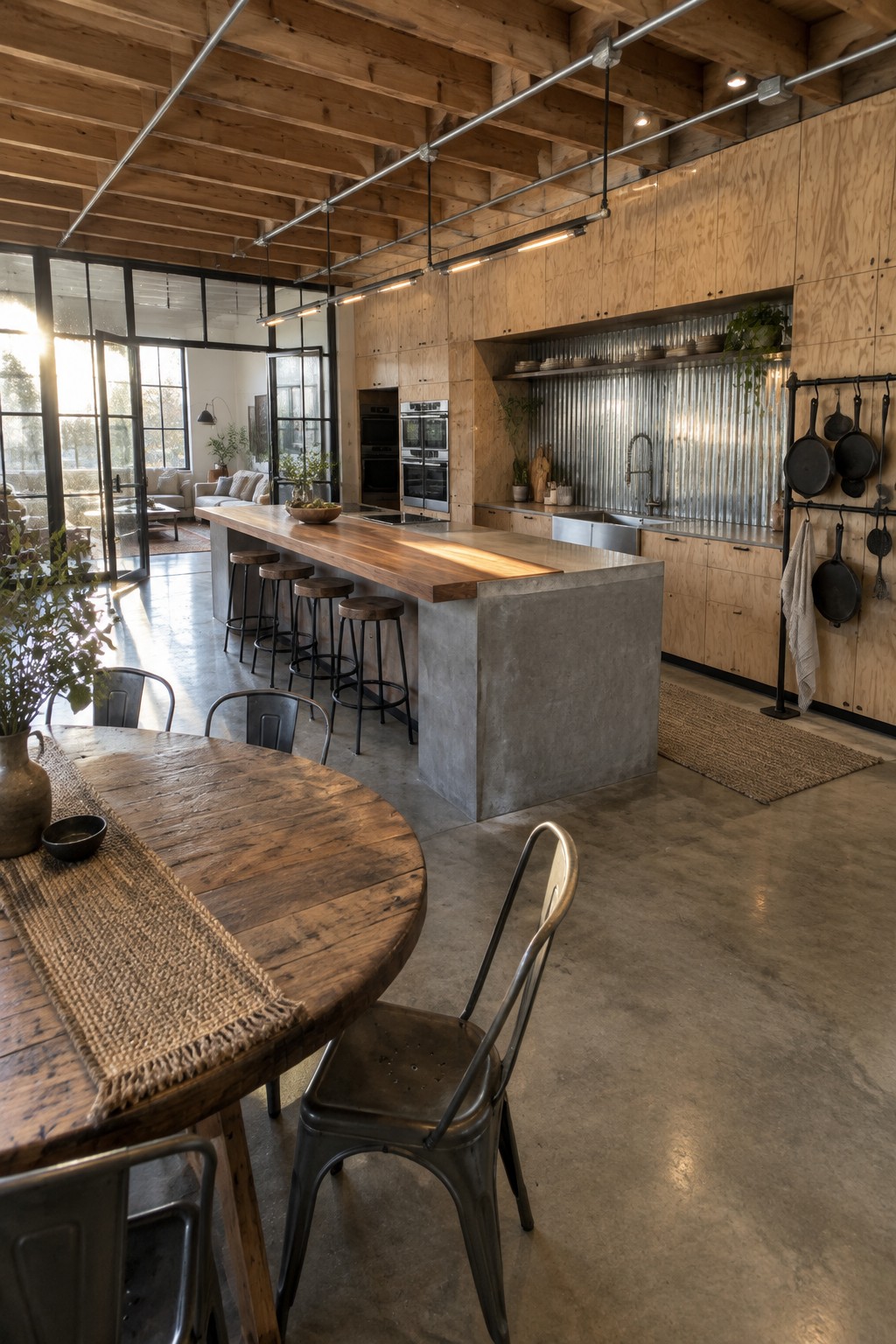 A spacious industrial kitchen featuring a large island with a concrete base and thick wood countertop, metal bar stools, plywood cabinetry, and hanging metal light fixtures.