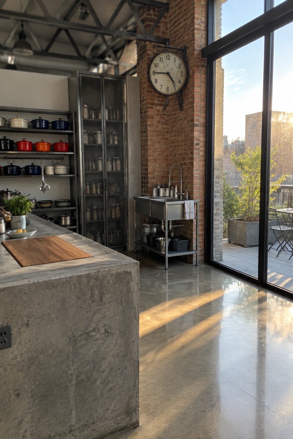 An industrial kitchen with a large gray concrete island holding a wooden cutting board, metal perforated cabinets, open shelving with colorful pots, and a stainless steel sink station beside a brick wall and large windows.