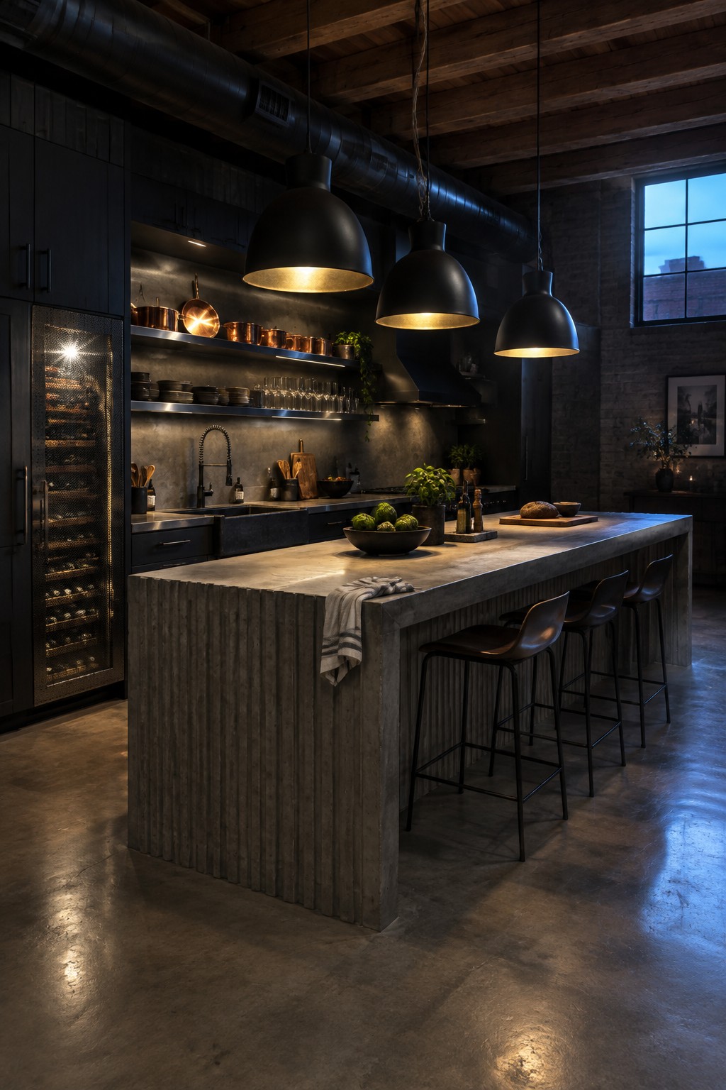 A spacious industrial kitchen with a large ribbed concrete island, three black metal bar stools, black pendant lights, and exposed ductwork above dark cabinetry.