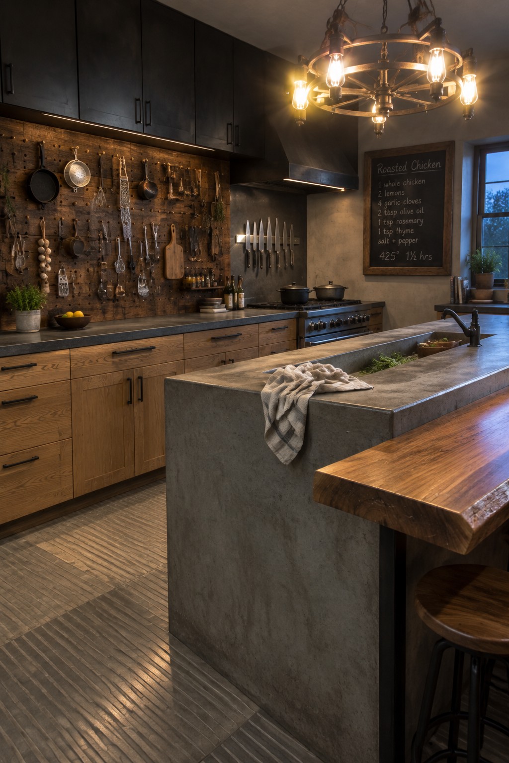 A modern industrial kitchen featuring a large concrete island with a wooden bar extension, wood cabinetry, a pegboard wall with hanging cookware, and a metal chandelier overhead.