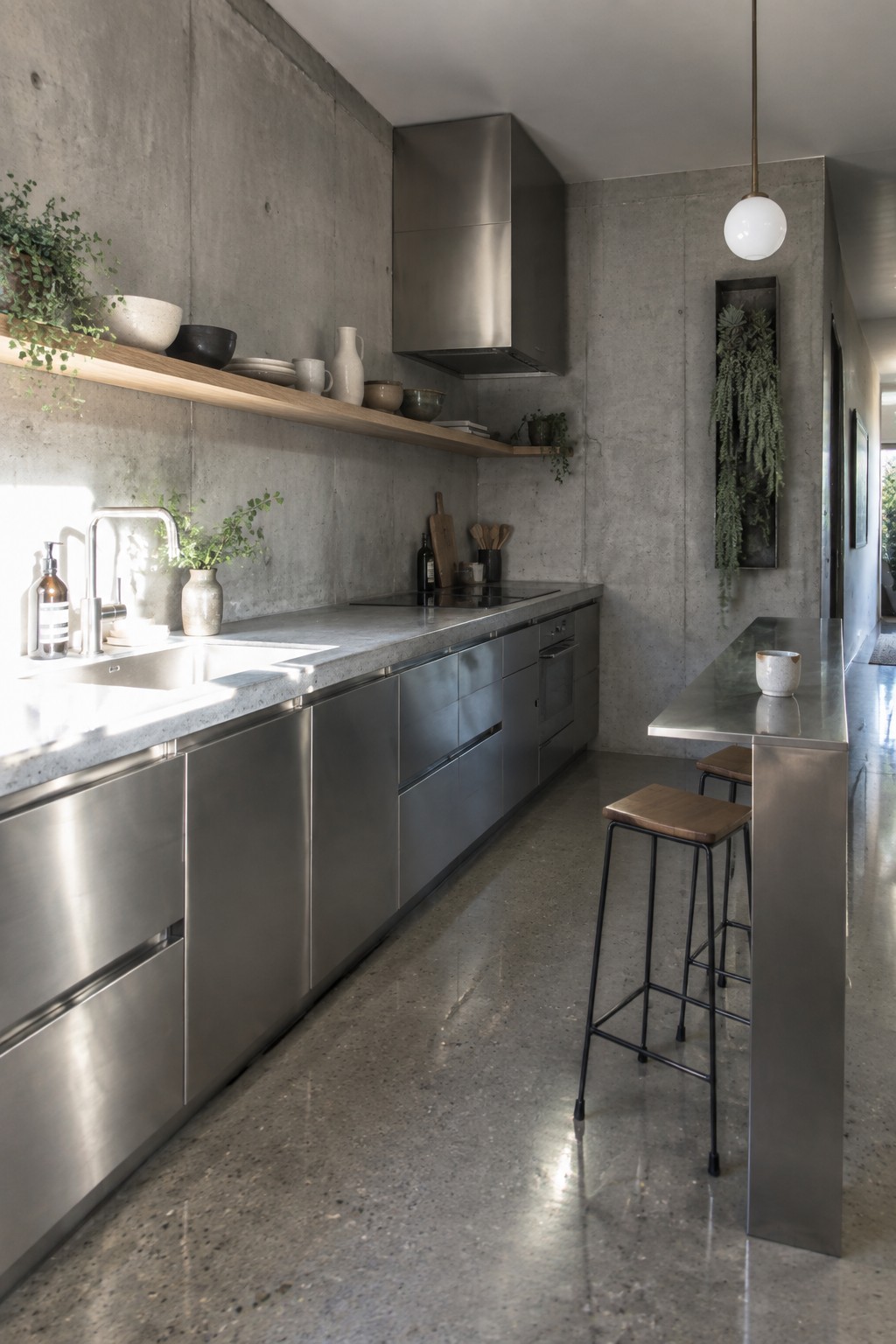 Modern industrial kitchen with concrete walls, stainless steel cabinets, wooden shelf and bar stools.