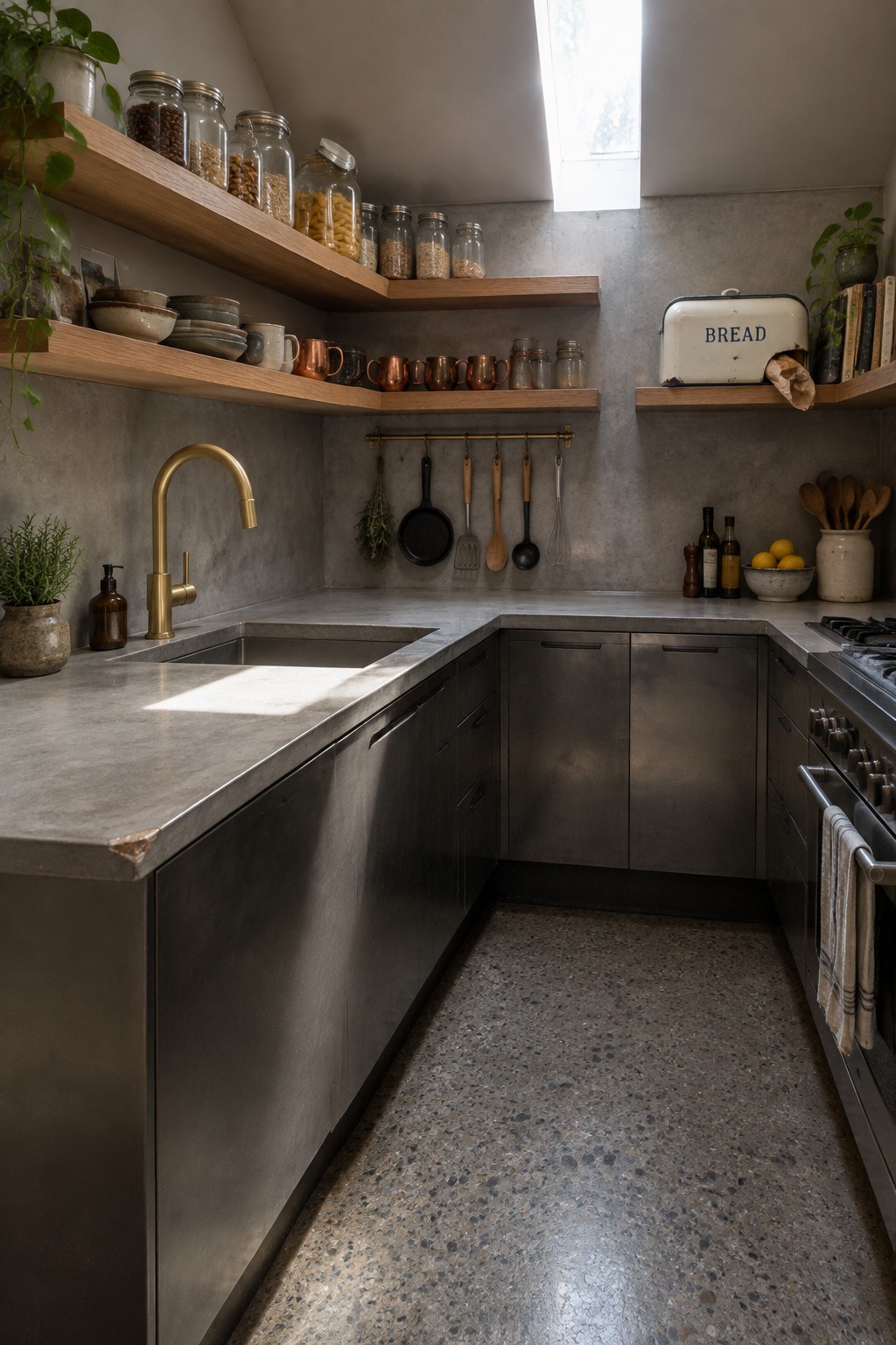 An industrial kitchen with stainless steel cabinets, concrete countertops and speckled floor, wooden floating shelves, brass faucet, and hanging utensils on a wall rack.