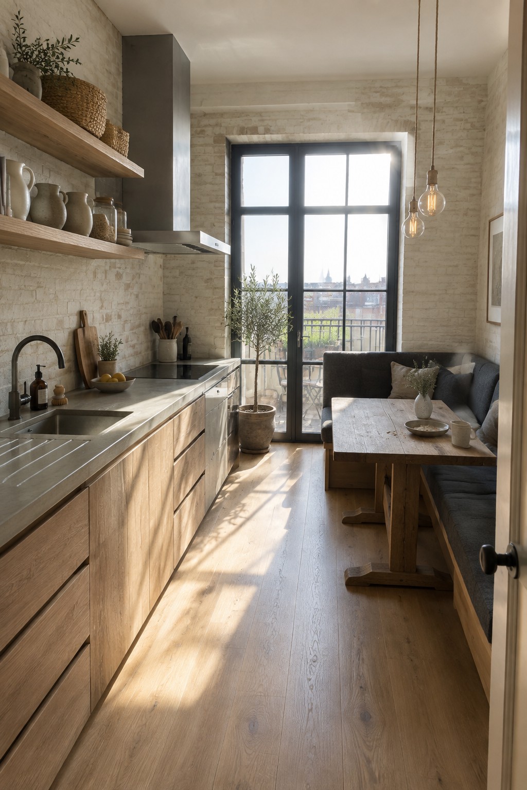 A narrow kitchen with light wood cabinets, concrete countertop, metal sink, floating wood shelves, and a wooden dining table with built-in bench seating next to a large window.