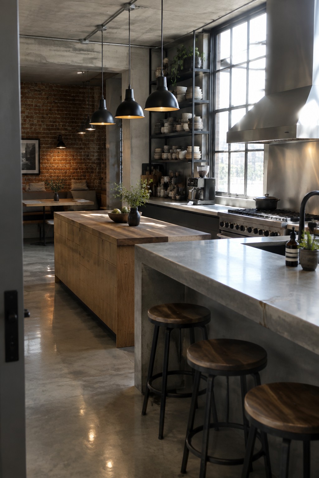 Industrial kitchen with a large wooden island, concrete countertops, black metal stools, stainless steel range hood, and open shelving filled with dishes.