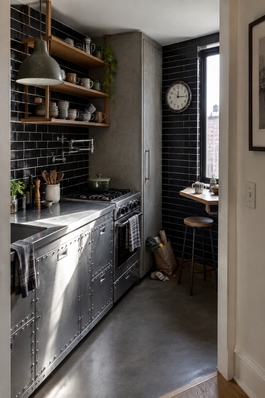 Industrial kitchen with stainless steel counters, black subway tiles, and wooden shelves.