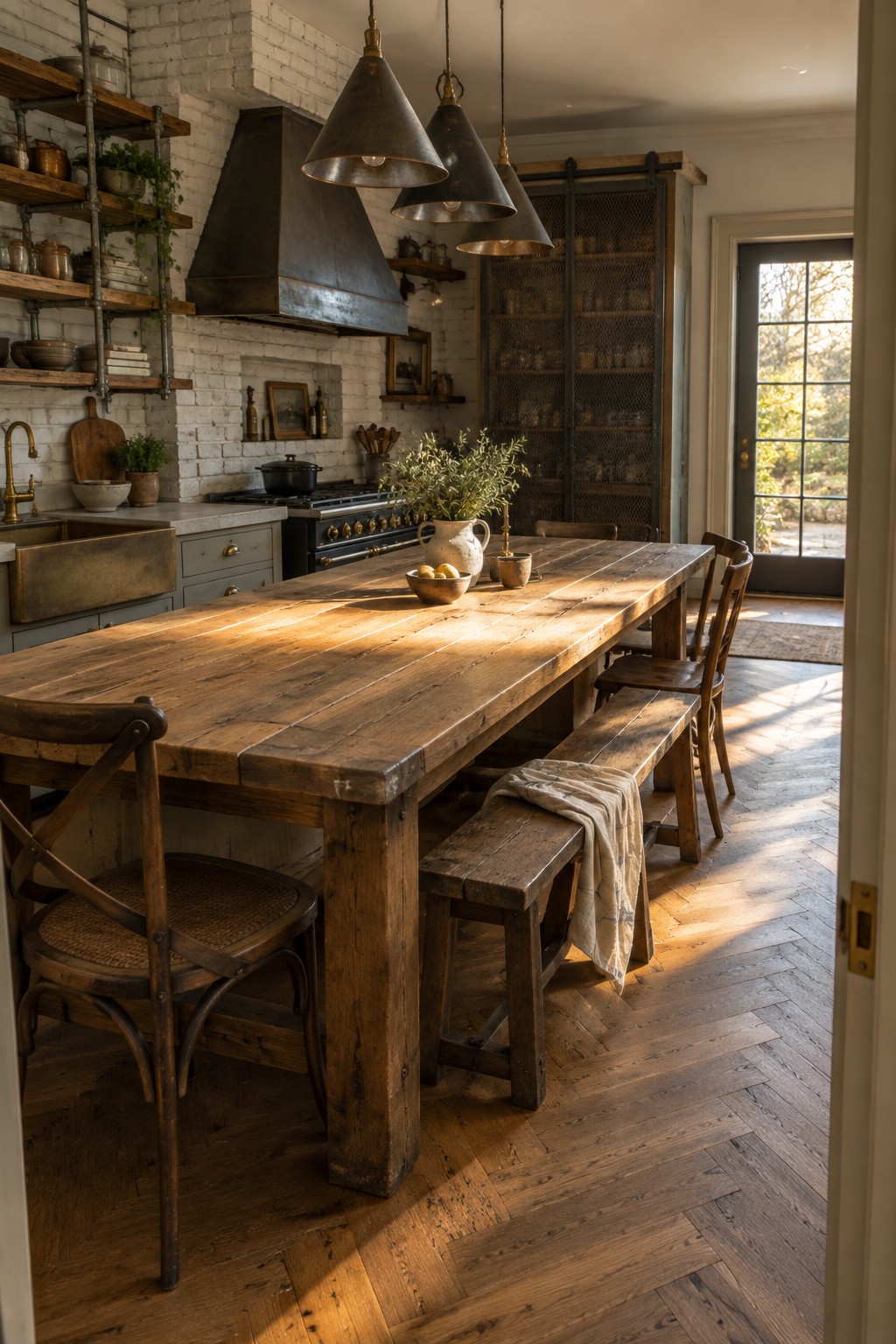 Rustic wooden harvest table with benches in sunlit farmhouse kitchen with brick walls