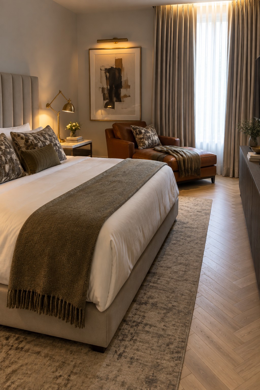A modern bedroom with a large bed in light gray upholstery, white bedding, an olive throw, a brass adjustable reading lamp on a marble nightstand, and a brown leather chair near a window with sheer curtains.