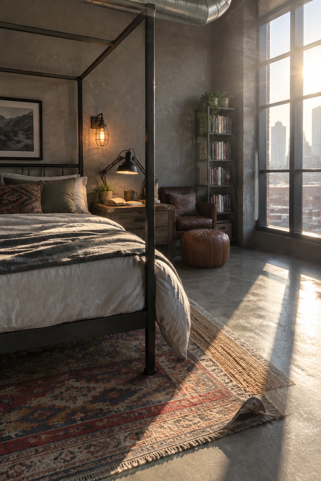 Sunlit industrial loft bedroom with metal bed frame and city skyline window.