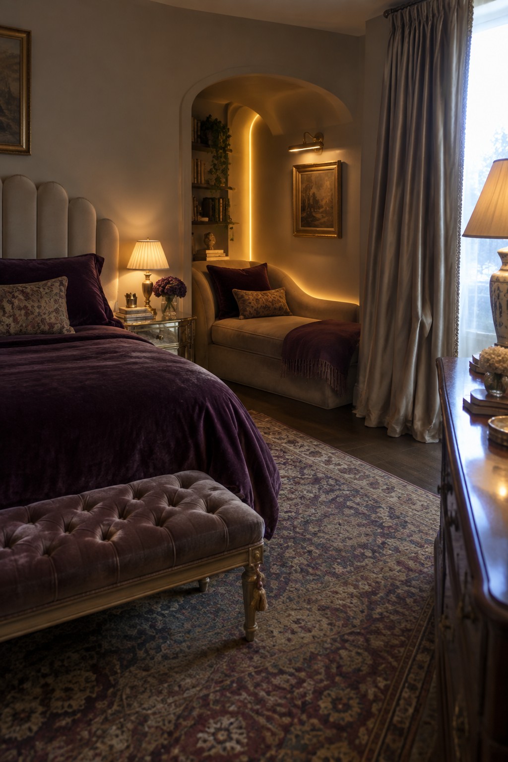 A bedroom featuring a large bed with purple bedding, a tufted bench at the foot, and an arched alcove with a beige chaise lounge illuminated by warm integrated lighting.
