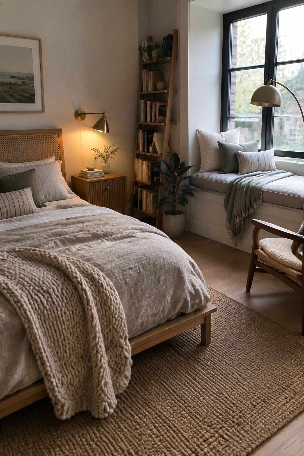 A bedroom interior showing a bed with neutral linen bedding and a woven headboard, a lit brass wall sconce above a wooden nightstand, a leaning bookshelf, and a window seat with cushions.