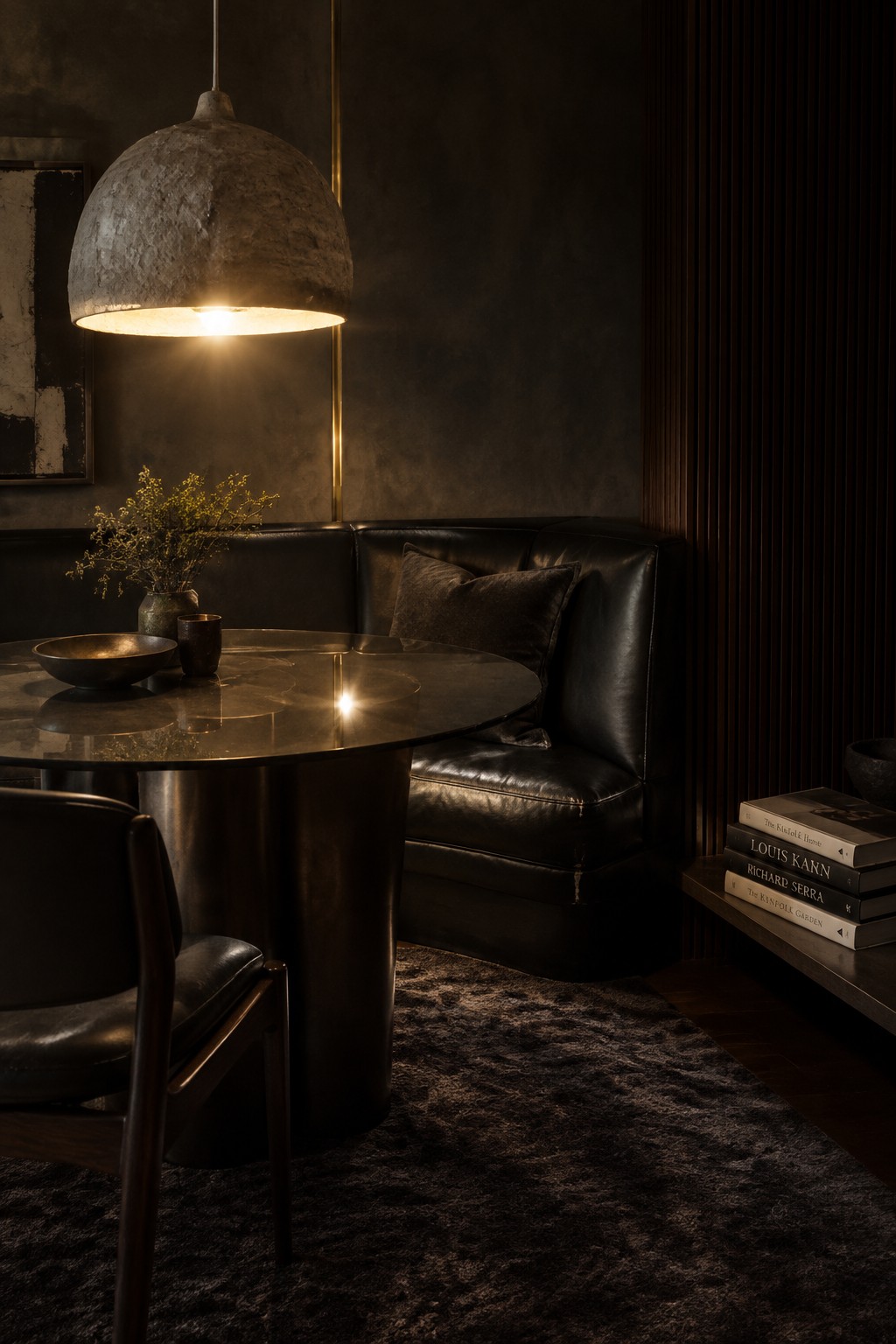 A round dining table with a dark stone top sits beside a black leather banquette under a large textured pendant light in a dark room.