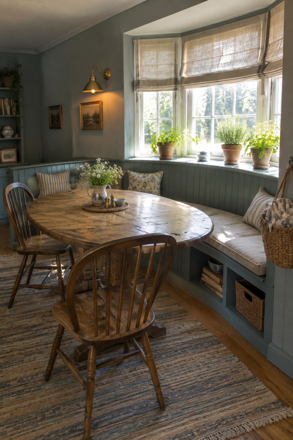A dining room with a round wooden table, wooden chairs on one side, and a built-in cushioned banquette under a row of windows with potted plants on the sill.