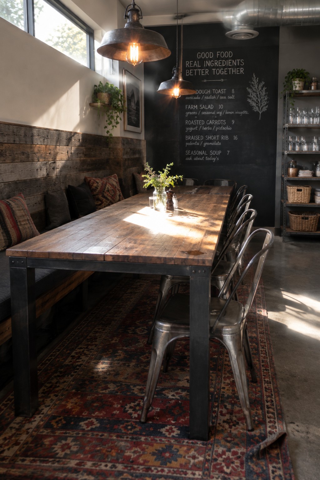 A long wooden dining table with banquette seating and pillows along a wood-paneled wall, metal chairs on the opposite side, and a chalkboard menu wall in the background.