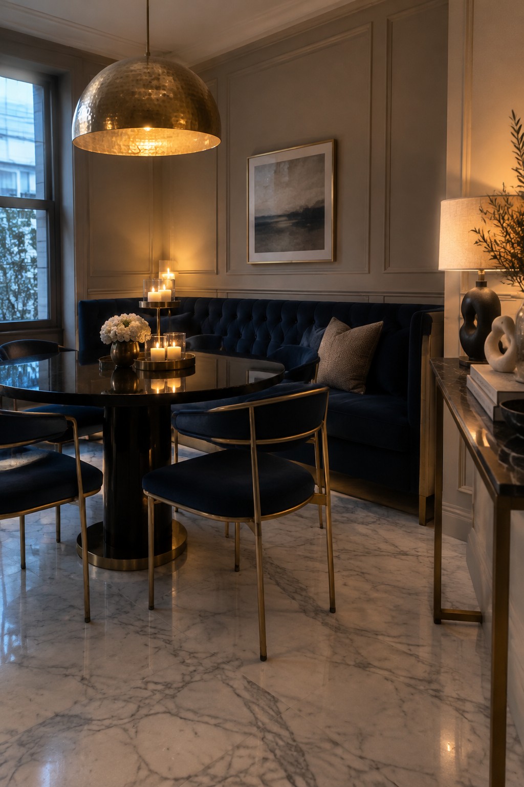 A dining room featuring a round black table with blue velvet chairs, a curved blue tufted banquette along the wall, a large hammered gold pendant light, and a framed abstract artwork above the seating.