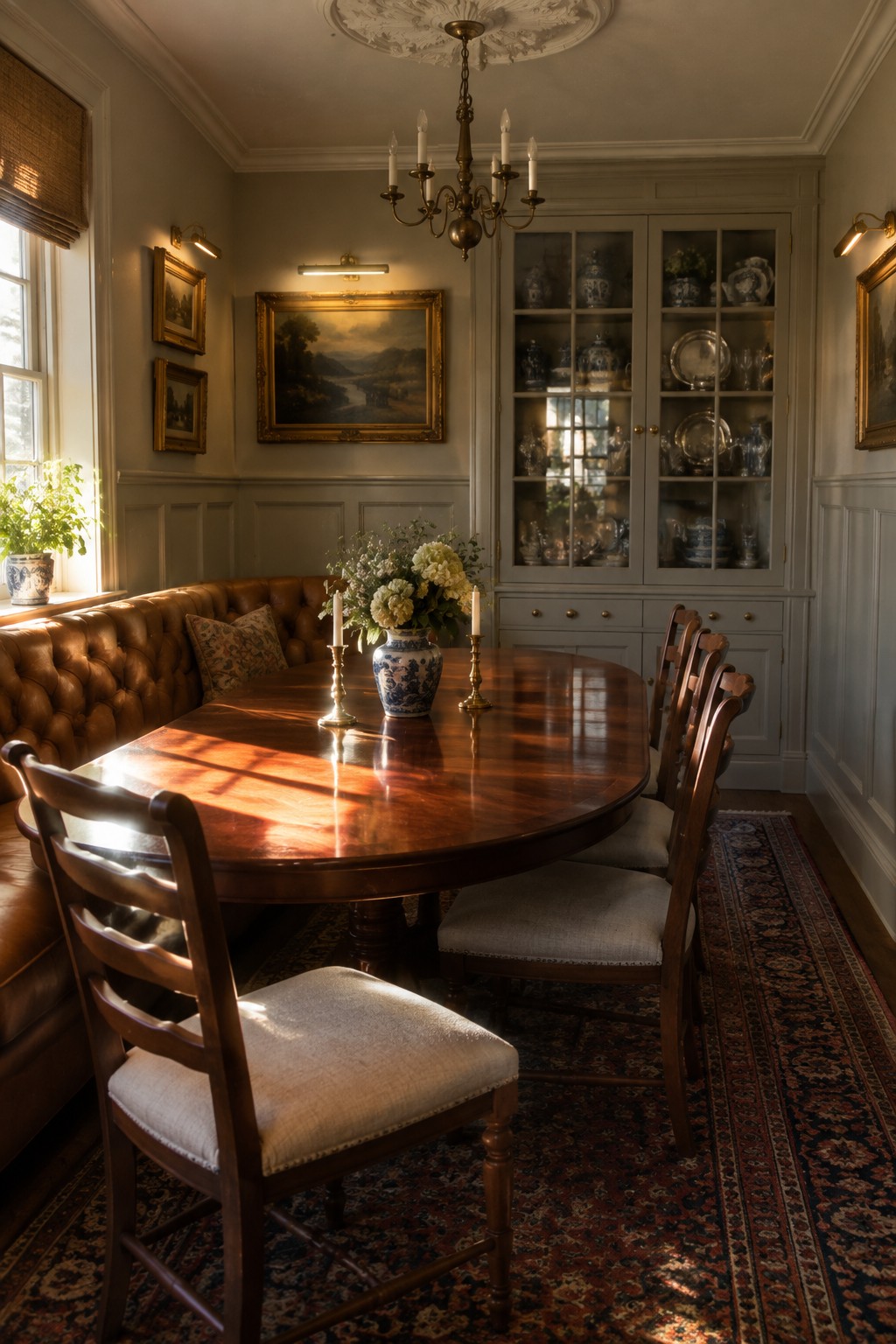 A dining room with a large oval wooden table, a curved brown leather banquette along one wall, wooden chairs with upholstered seats on the other side, and a tall glass-front china cabinet in the background.