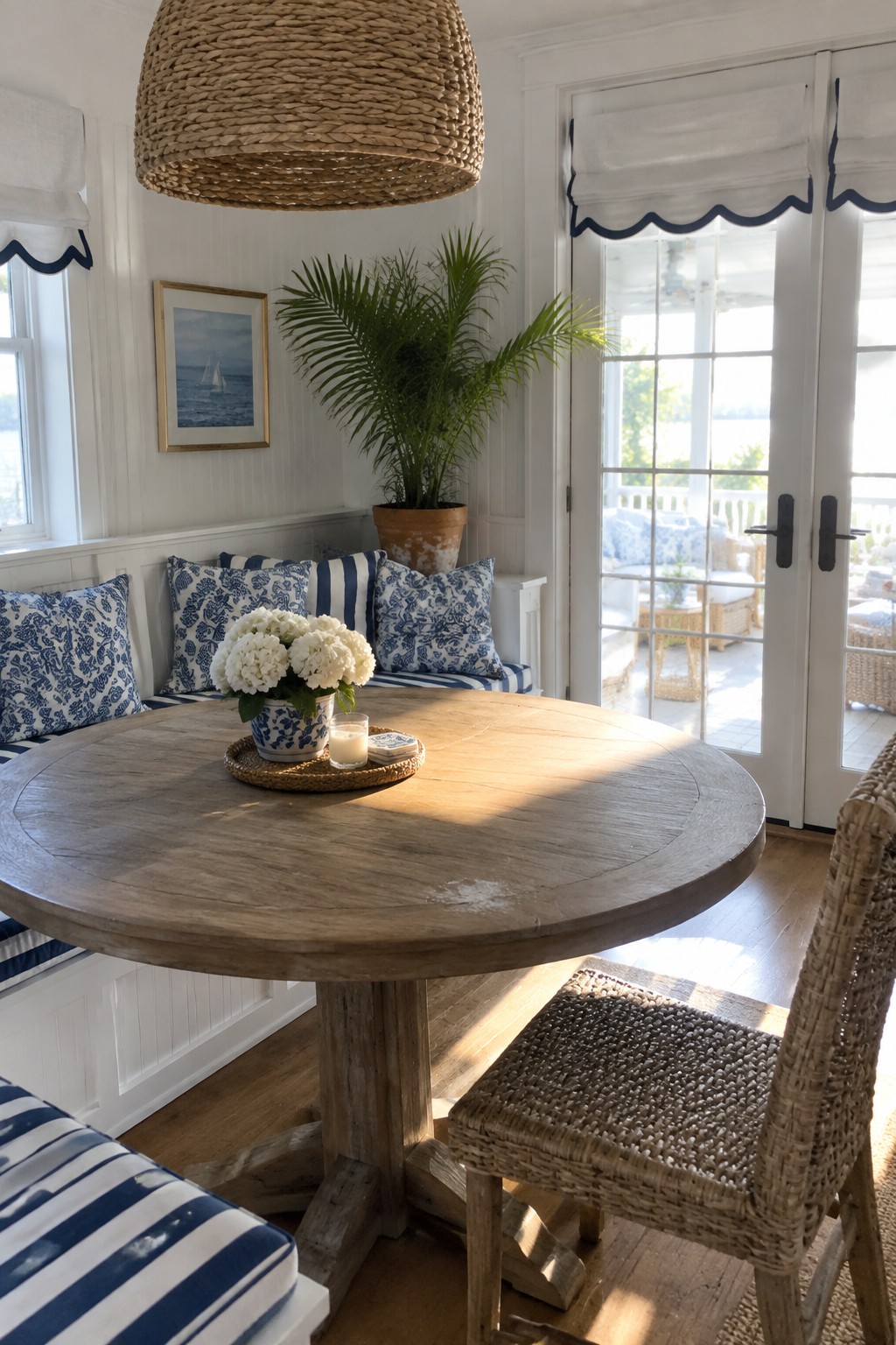 A round wooden dining table with a woven pendant light above it sits in front of a white built-in banquette lined with blue and white patterned cushions, next to French doors.