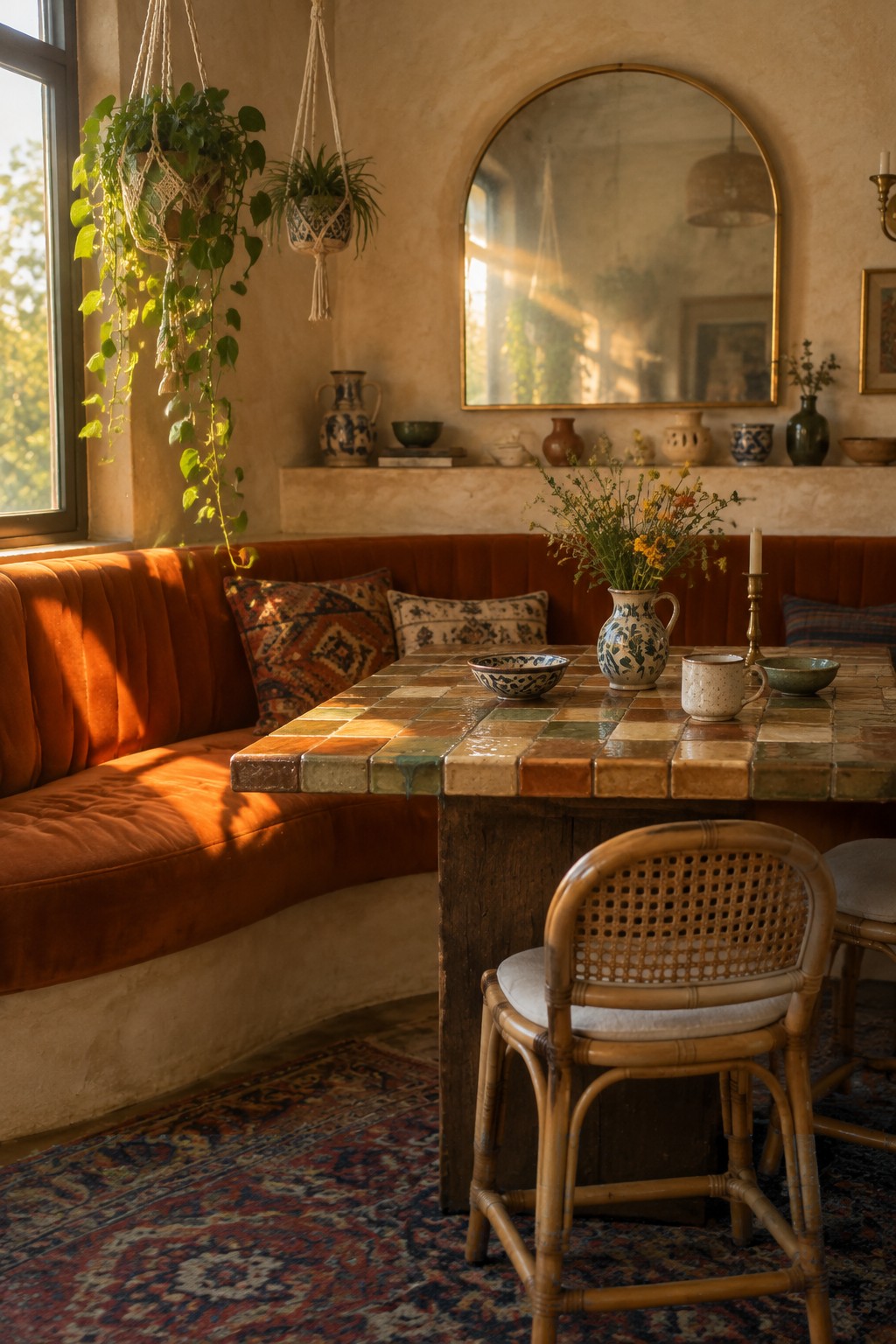 A dining room with a curved orange banquette, a multicolored tiled table, rattan chairs, hanging plants, and an arched mirror on the wall.