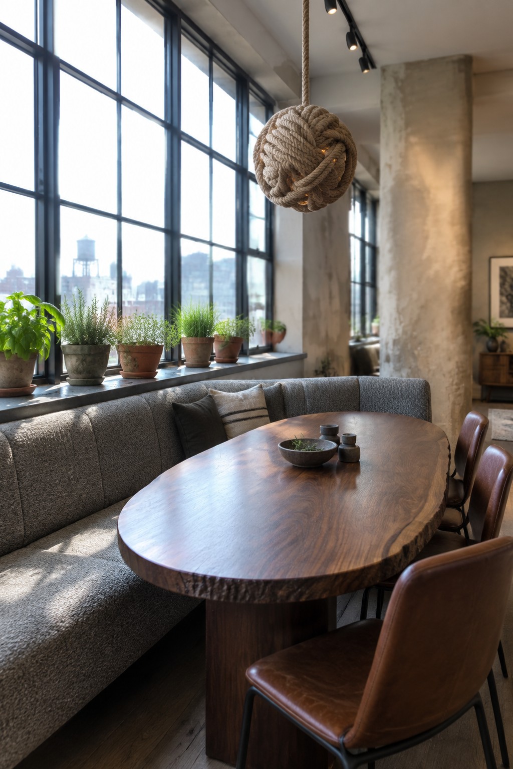 A dining area featuring an oval wooden table, brown leather chairs, and a long gray upholstered banquette running beneath large multi-paned windows with potted plants on the sill.