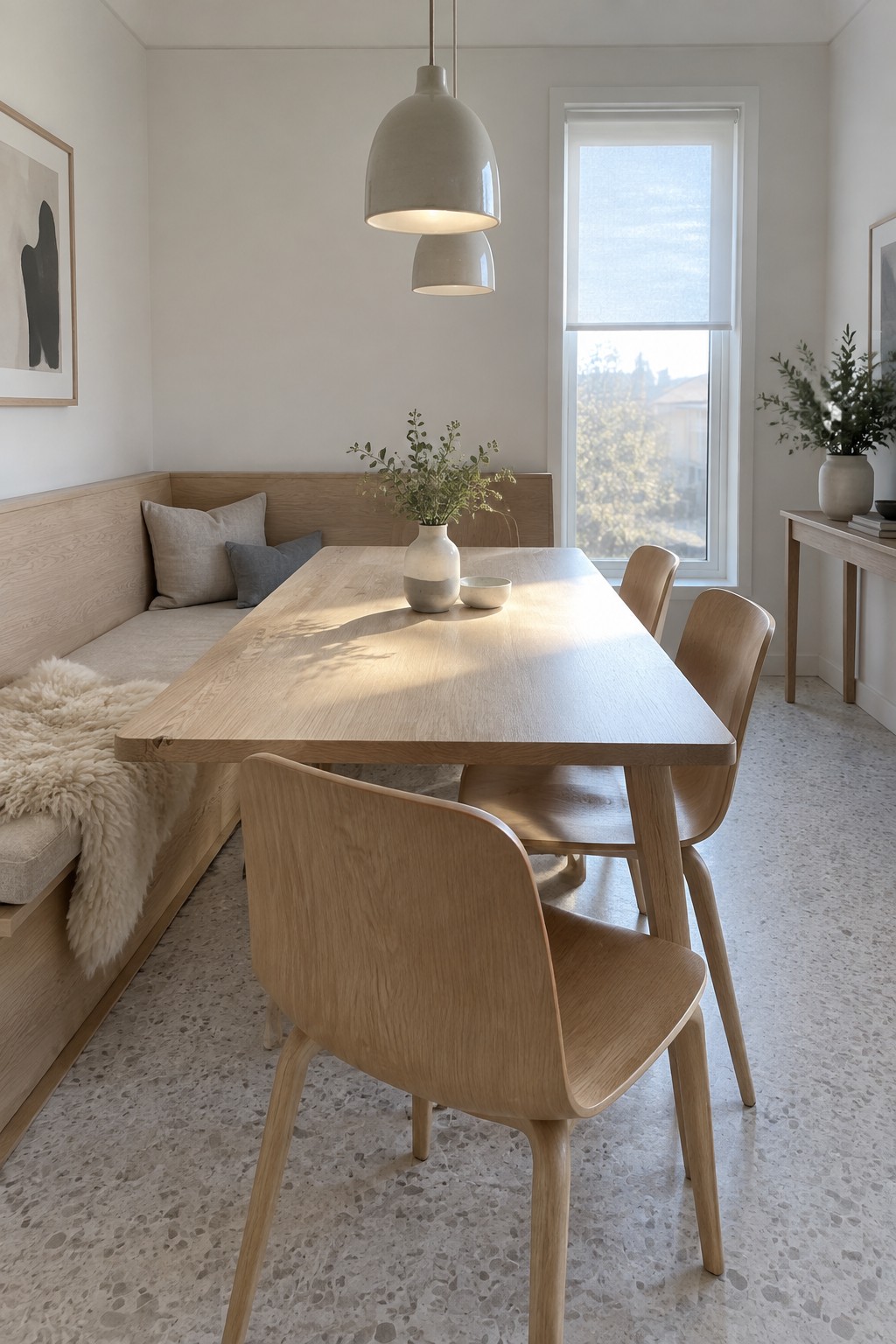 A dining room with a long wooden table, a built-in light wood banquette with cushions on the left side, wooden chairs on the right, two white pendant lights overhead, and a large window in the background.