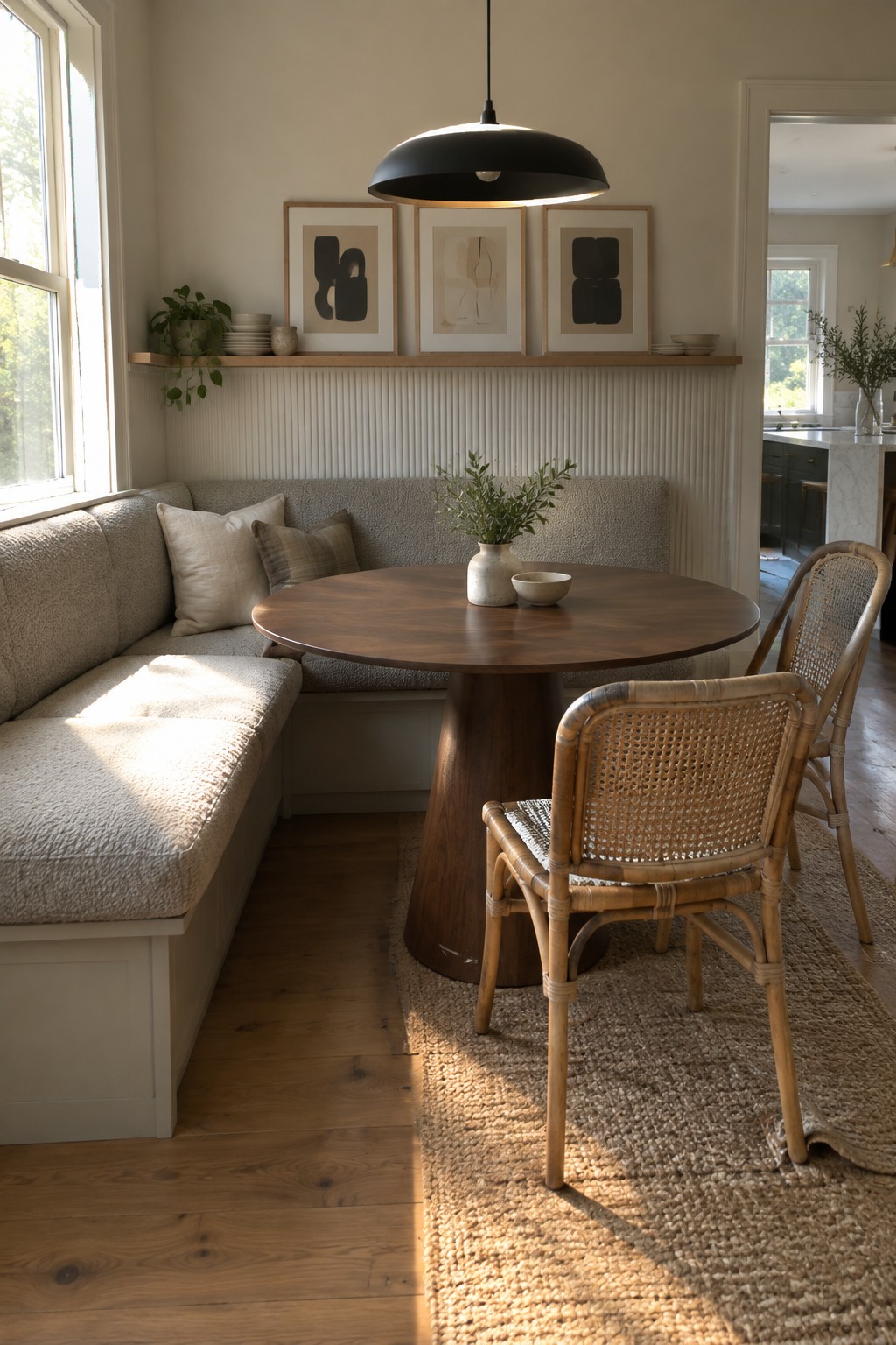 A dining nook with a round wooden table centered on a woven rug, a built-in upholstered banquette along two walls, two rattan chairs, a black pendant light, and a wooden shelf with art and dishes above the bench.