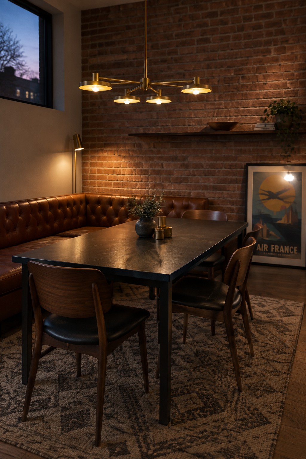 A dining room with a dark rectangular table, a brown leather banquette along a brick wall, several wooden chairs with black seats, and a brass chandelier overhead.