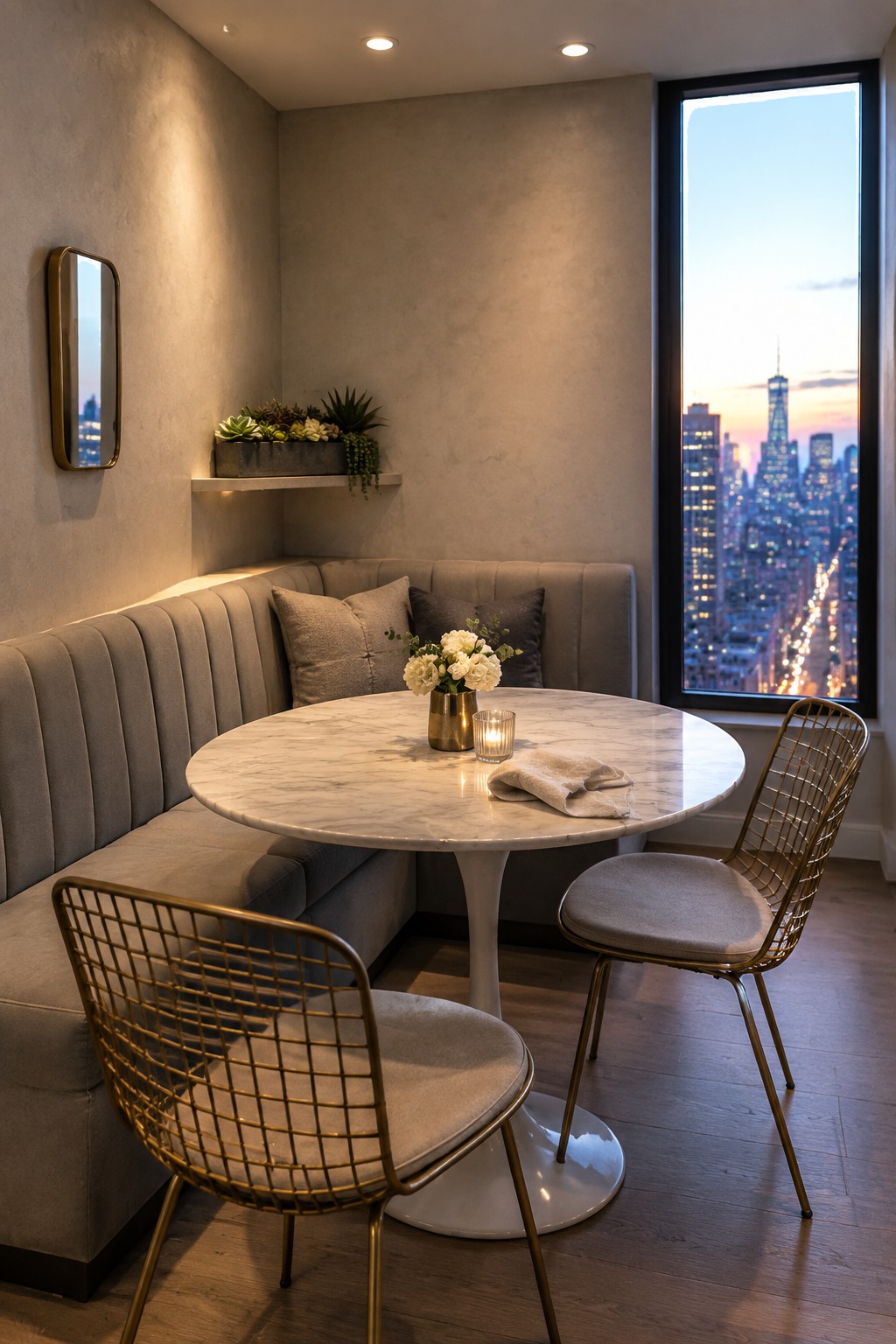 A round marble dining table sits in a corner with a gray upholstered banquette along two walls, two wireframe chairs opposite, and a large window showing a city skyline at dusk.