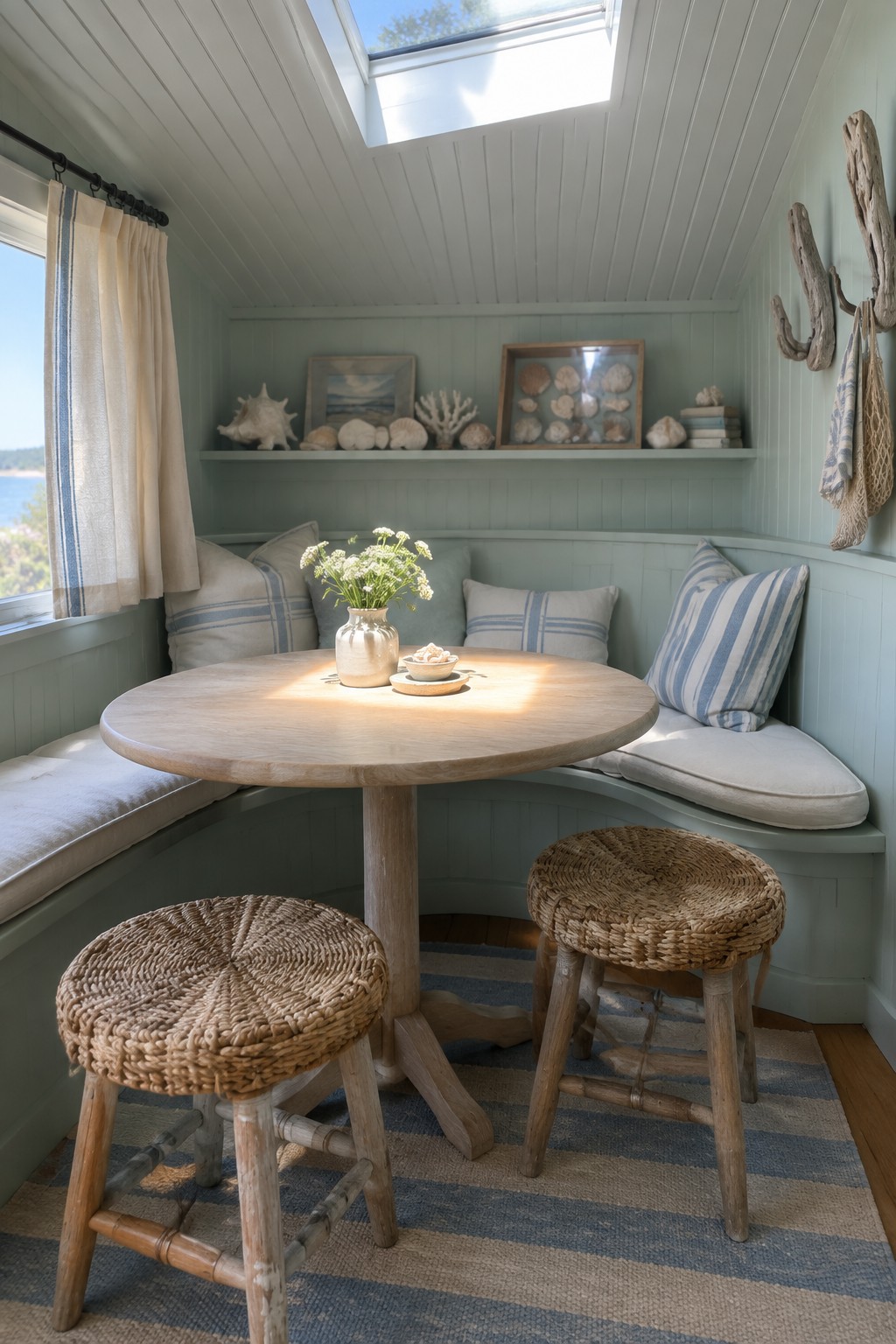 A small dining nook with light green walls, a round wooden pedestal table, a curved built-in banquette with blue striped pillows, two woven stools on a striped rug, and a skylight overhead.