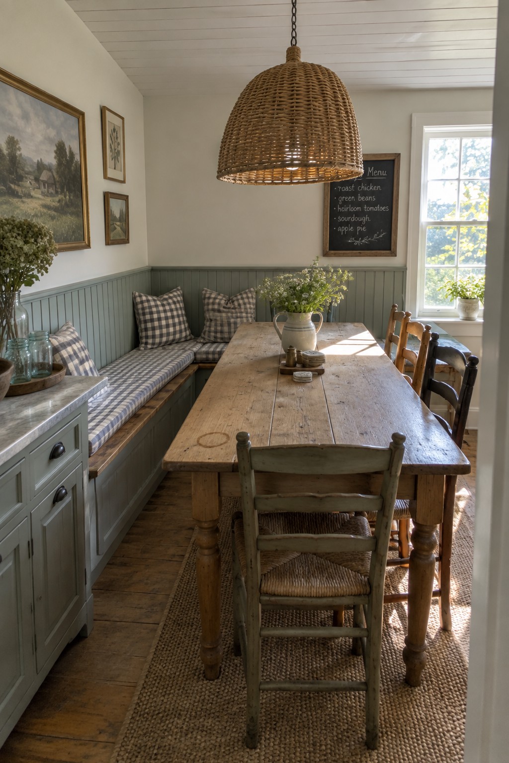 A dining room interior with a long rustic wooden table, a built-in banquette with blue and white checkered cushions along a sage green wall, wooden chairs on the opposite side, and a large woven pendant light hanging above.
