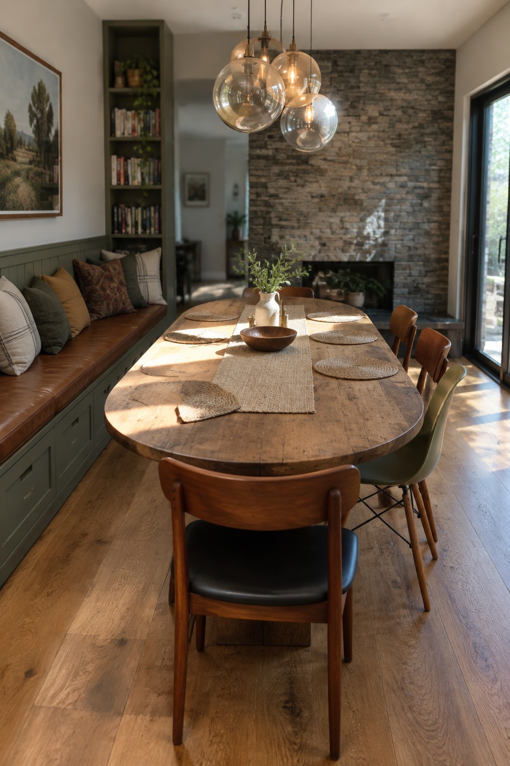A long wooden dining table with a built-in banquette along one wall featuring green cabinetry and brown leather cushions, mixed wooden and upholstered chairs on the opposite side, and a stone fireplace in the background.