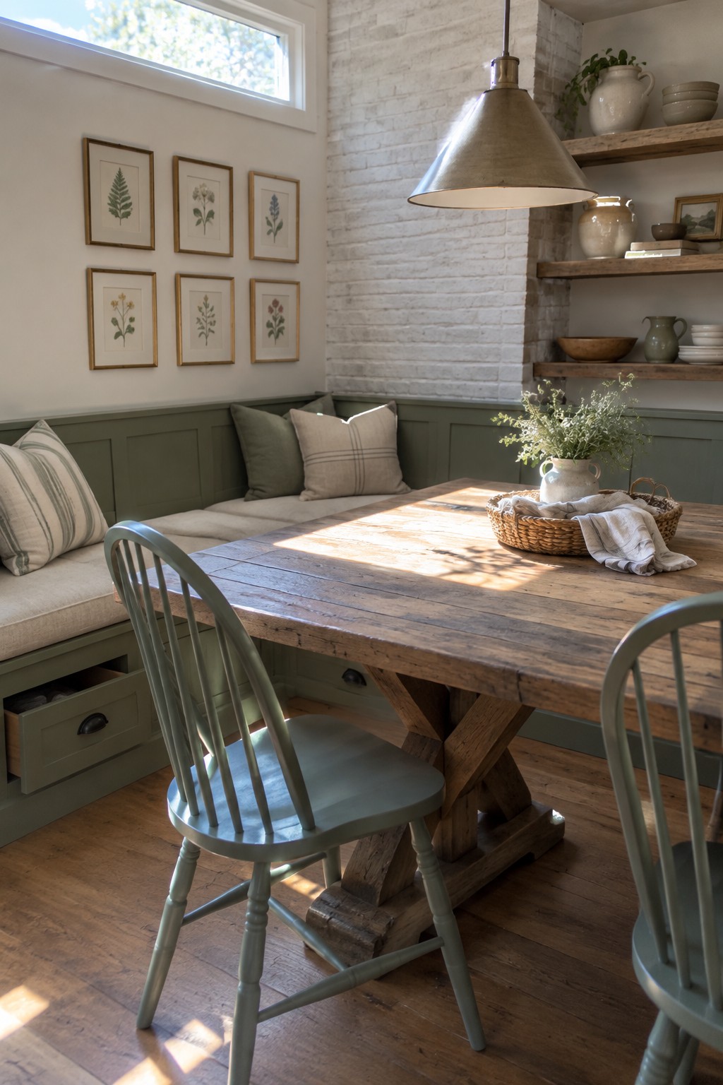 A wooden dining table with two gray spindle-back chairs faces a built-in banquette bench with green wainscoting, striped and solid pillows, and visible storage drawers beneath.
