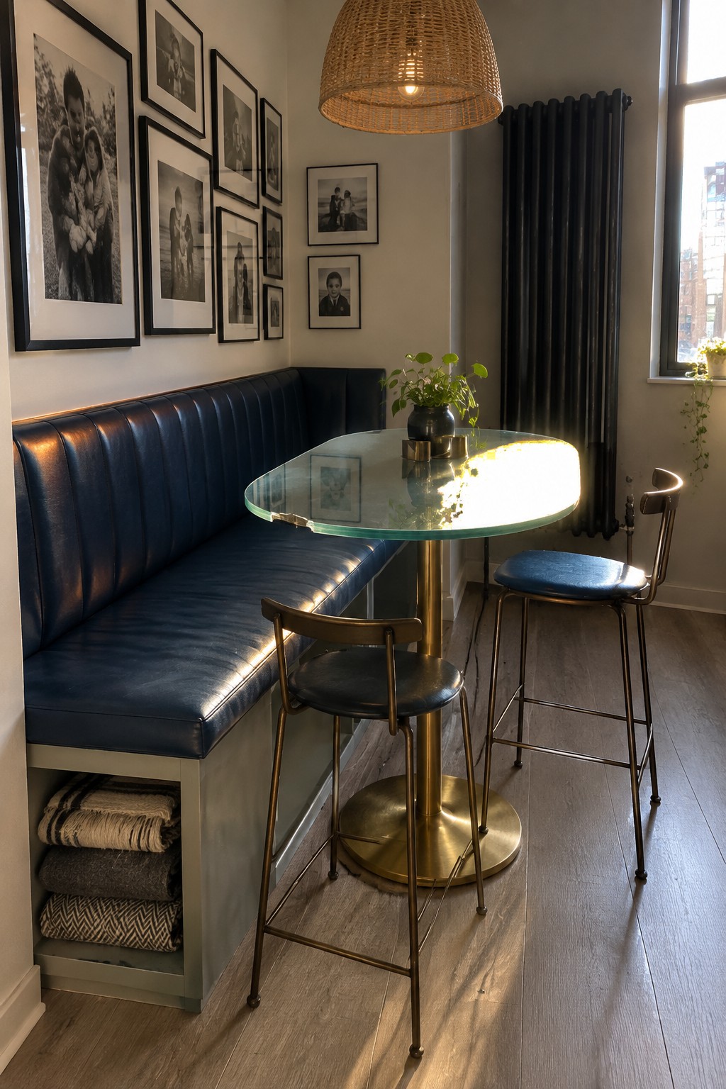 A dining nook with a long blue upholstered banquette along the wall, storage compartments below holding folded textiles, a round glass-top table on a brass base, and two metal stools with blue seats.