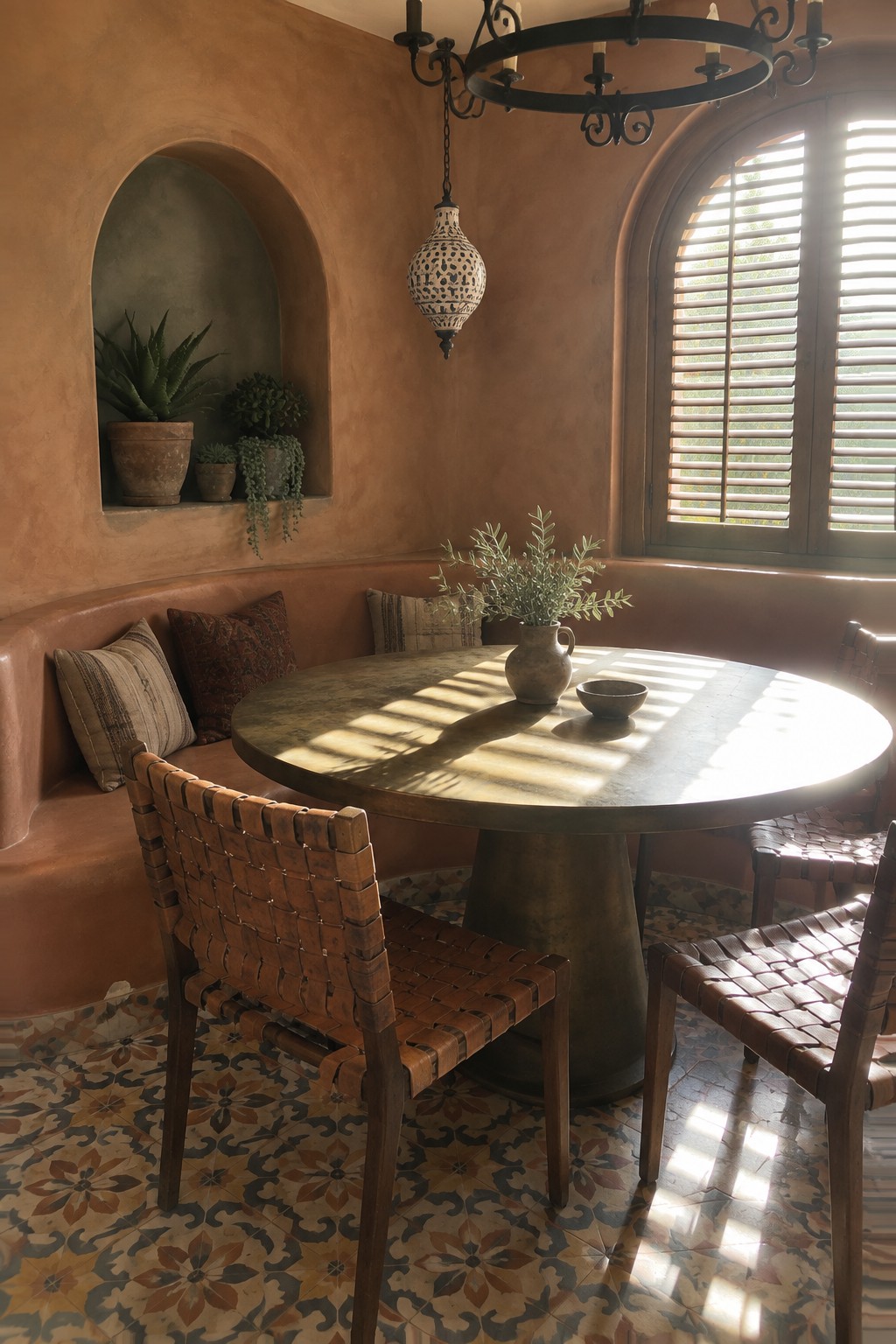 A round dining table with a curved banquette, woven leather chairs, and an arched niche with potted plants in a terracotta-walled room.