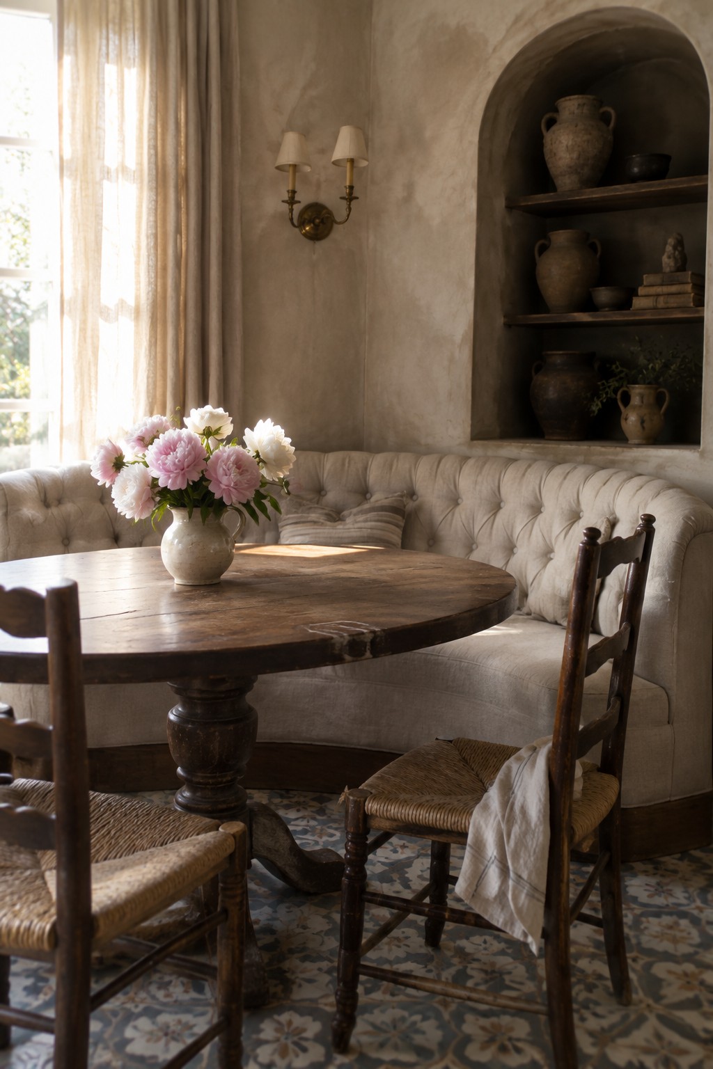 A round wooden dining table with a vase of pink and white flowers sits in front of a curved tufted banquette, flanked by two wooden chairs with woven seats, and an arched niche with pottery shelves in the background.