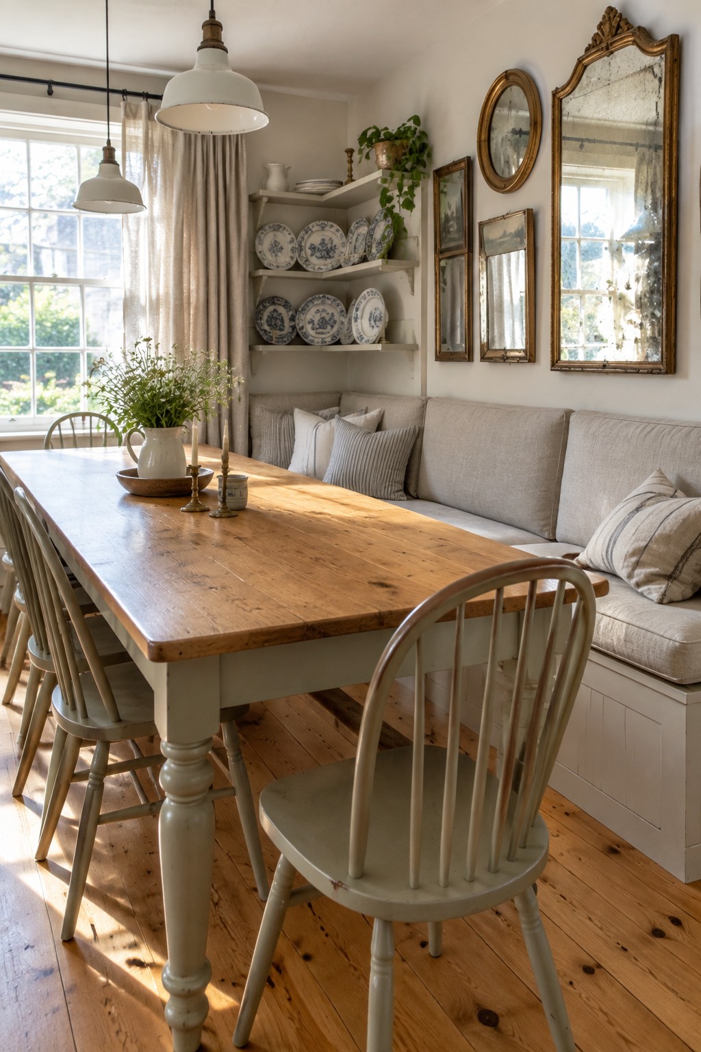A dining room with a long wooden table, spindle chairs on one side, a cushioned banquette along the wall with striped pillows, and open shelves holding blue and white plates.