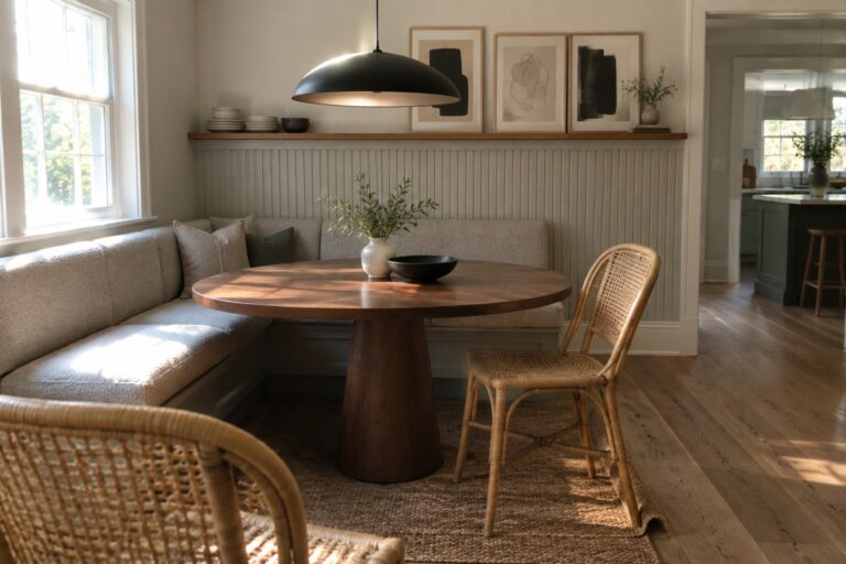 24 Chic Dining Room Interiors Featuring Banquette Seating A dining nook with a round wooden table centered on a woven rug, a built-in upholstered banquette along two walls, two rattan chairs, a black pendant light, and a wooden shelf with art and dishes above the bench.