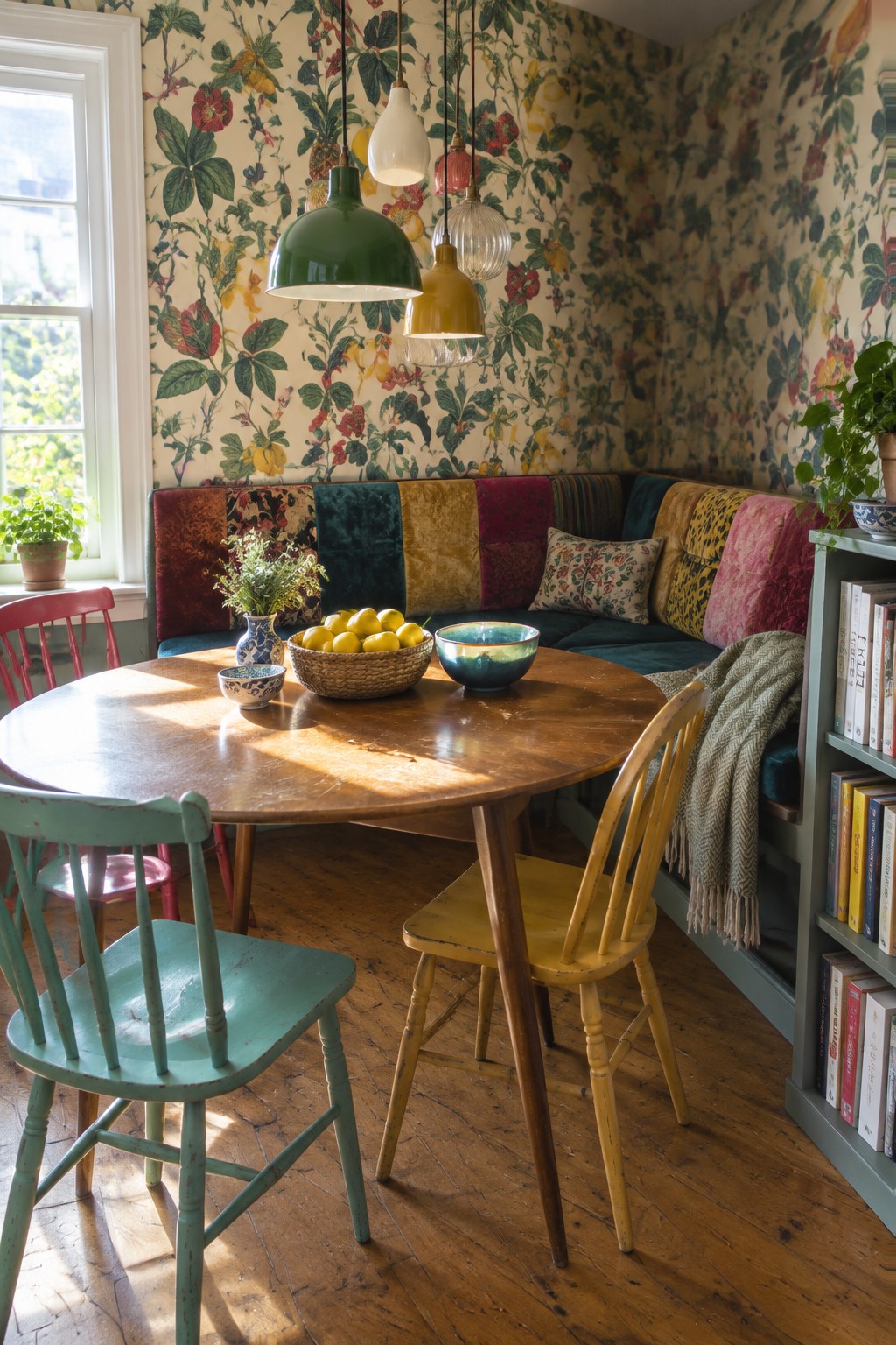 A dining room corner with a round wooden table, colorful wooden chairs, and a built-in banquette upholstered in multicolored patchwork fabric against floral wallpaper, with pendant lights above.